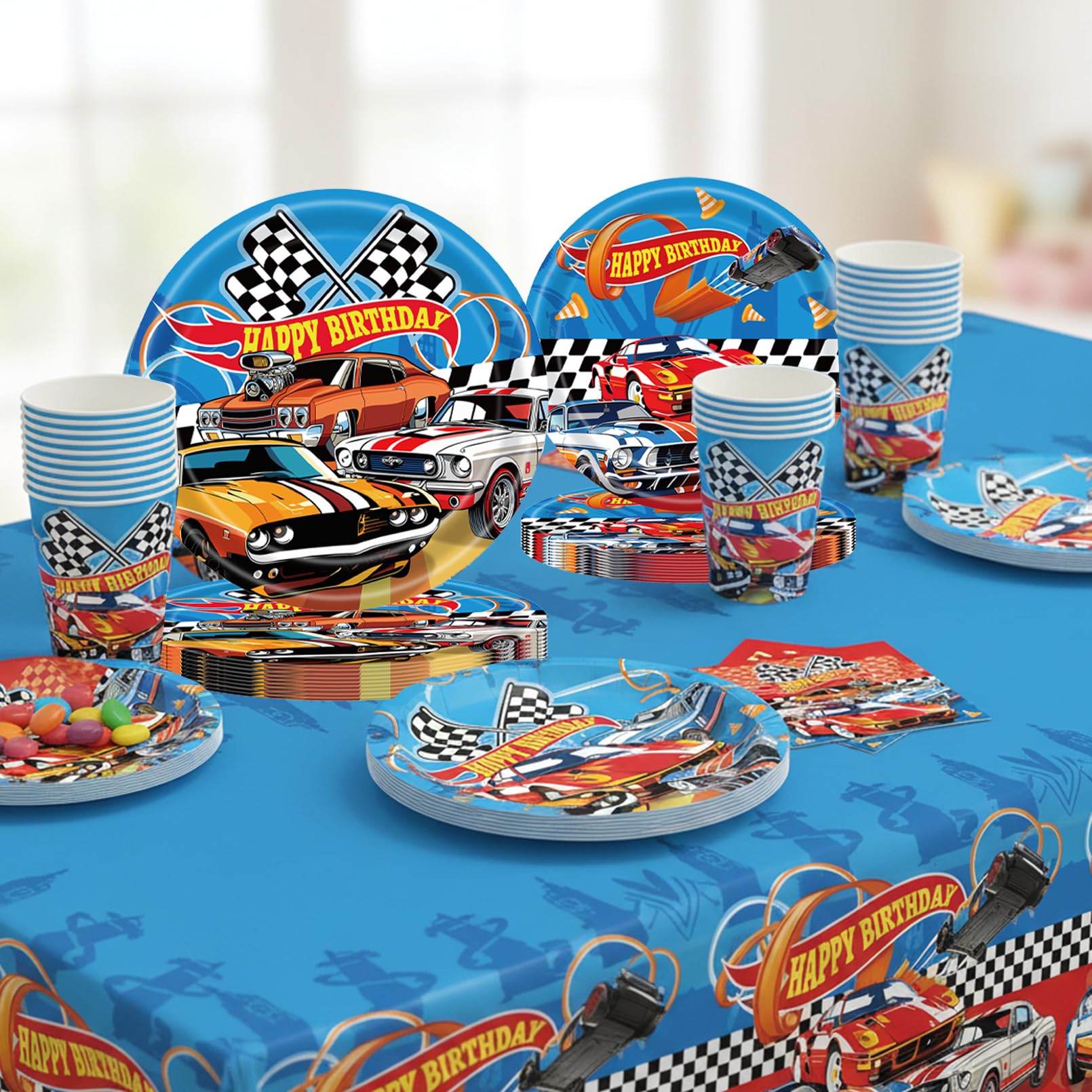 81 pezzi Stoviglie Compleanno Hot Whels, Decorazioni per Feste Compleanno Auto, Stoviglie per Feste Car Piatti Carta, Bicchieri, Tovaglioli e Tovaglia per 20 ospiti