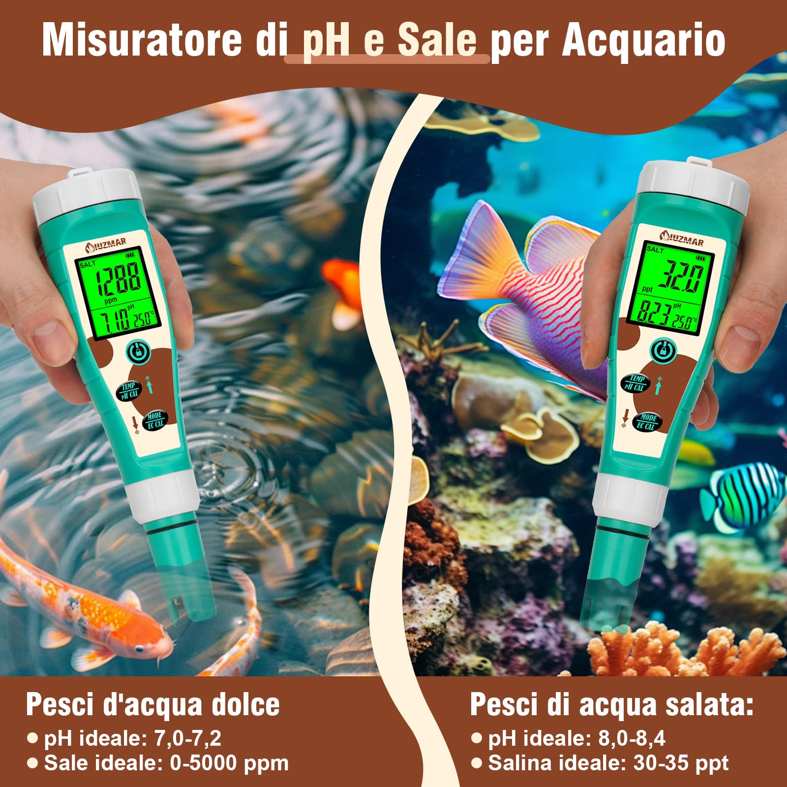 UIUZMAR Misuratore di pH e Sale cloro per piscina, Tester di pH e ORP per Idrogeno per Acqua Potabile, 8 in 1 pH, Sale, Cloro, H2, ORP, EC, TDS, Temperatura per Idroponica, Acquario