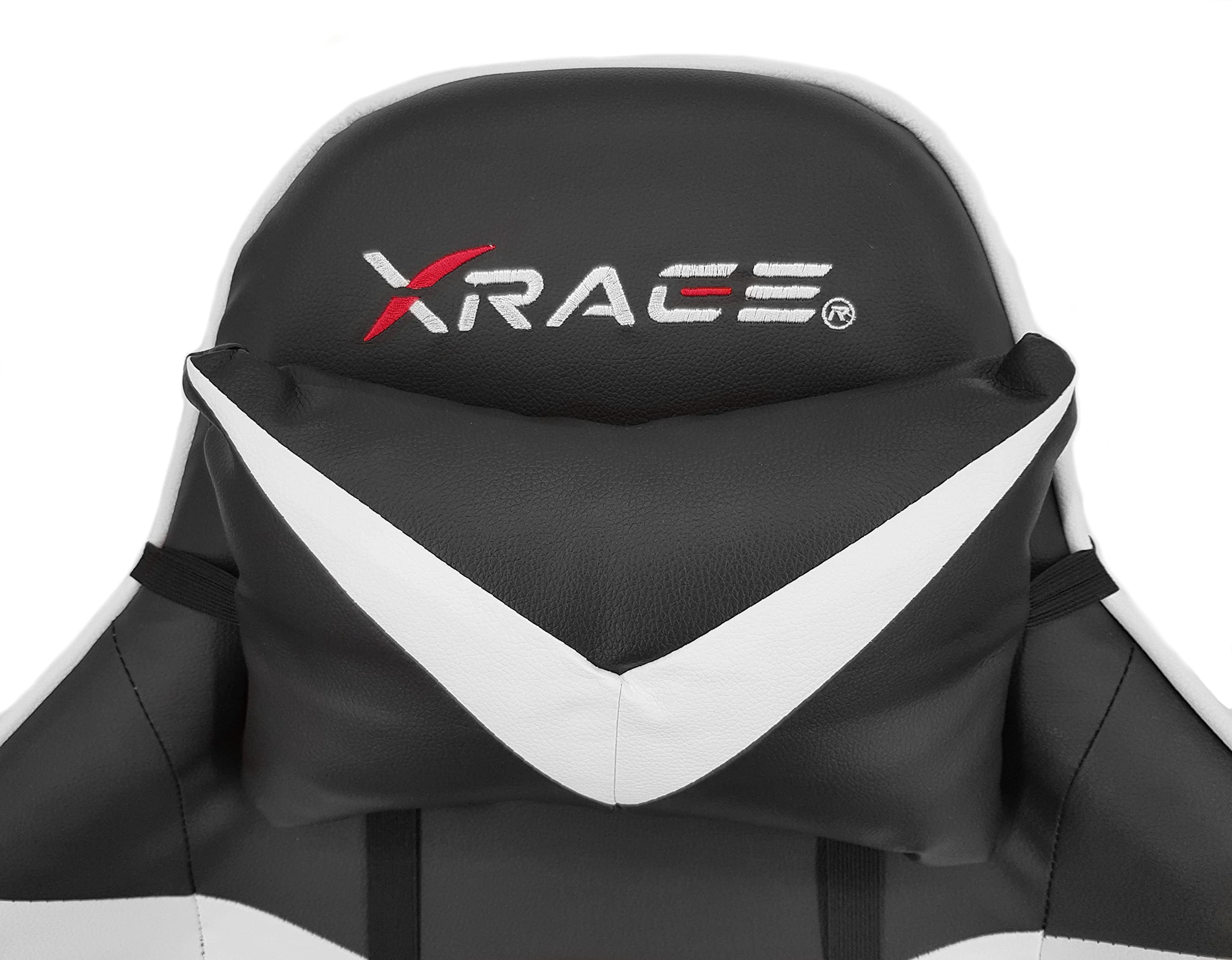 xRace - Poltrona da gaming per videogiochi, girevole, alta in pelle con supporto lombare, poggiatesta e poggiapiedi, regolabile, inclinabile, stile corse racing (bianco)