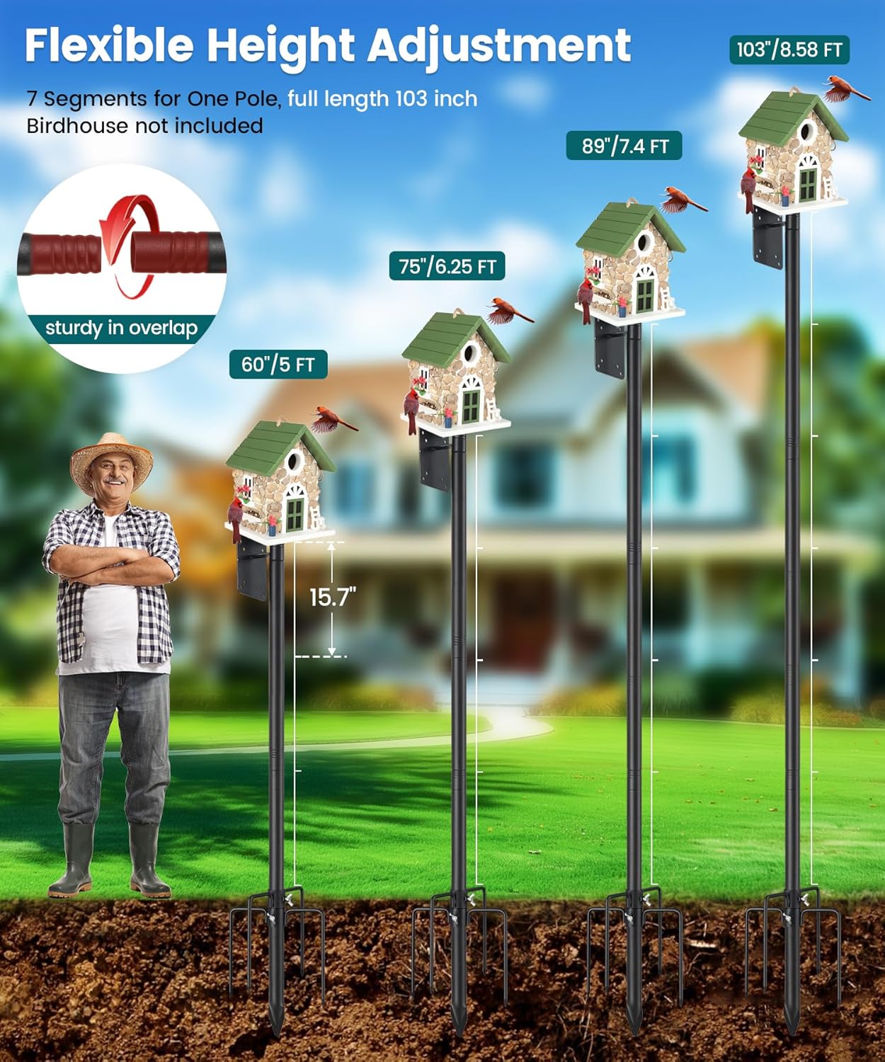 2 Pack 102" Heavy Duty Bird Feeder Pole, 1" Steel Adjustable Outdoor Stand with 5-Prong Anti-Tip Base, Universal Mount for Hummingbird Feeder & Bluebird House, Easy Setup