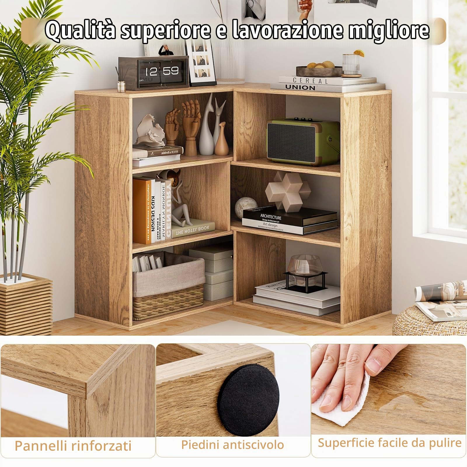HOMASIS Libreria Scaffale Unica, Scaffale a 3 Scomparti in Legno, Liberamente Combinabili, Libreria Salvaspazio per Salotto, Ufficio, Cucina (Naturale, Modello 1, Nuovo)