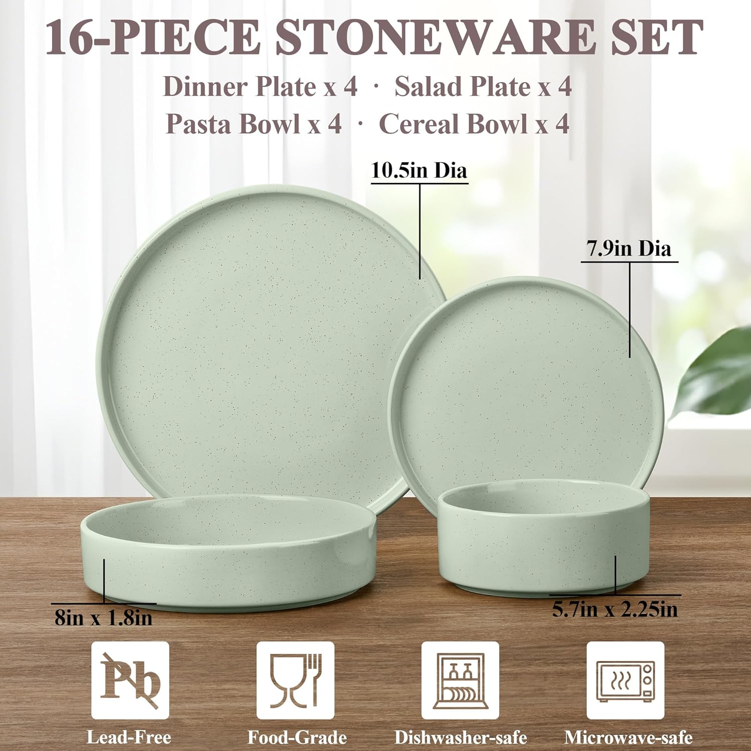 Herogo 16 Piece Plates and Bowls Set, Porcelain Dinnerware Sets with Pasta Bowls, Kitchen Dinner Ware Dishes Service for 4, Chip & Scratch Resistant Dishware, Speckled Light Green - Image 2
