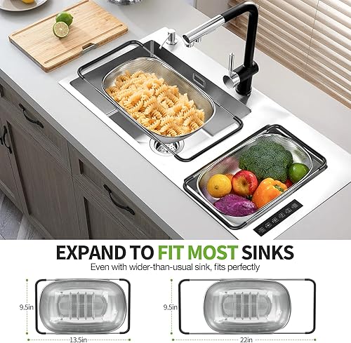 Miniatura 2 de FirstE Colador para colocar sobre el fregadero, 6 cuartos de galón, colador de malla fina de acero inoxidable con asas de goma antideslizantes