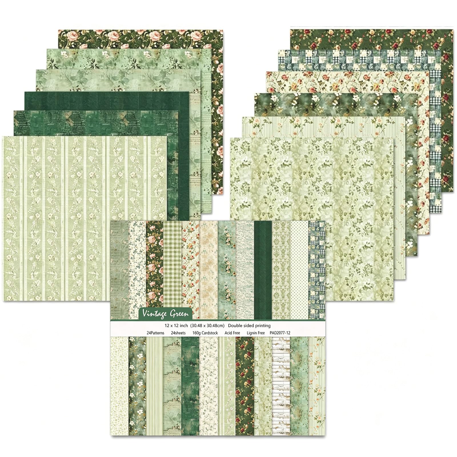 24 Sheets Scrapbook Paper, 30cm/12inch Scrapbooking Cardstock Pad, Decorative Pattern Paper for DIY Photo, Album and Scrapbook Decoration (Vinage Green)
