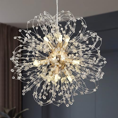 Isamacc Candelabros de cristal de diente de león, lámpara de araña moderna de 9 luces para comedor, lámpara colgante Sputnik dorada para dormitorio,