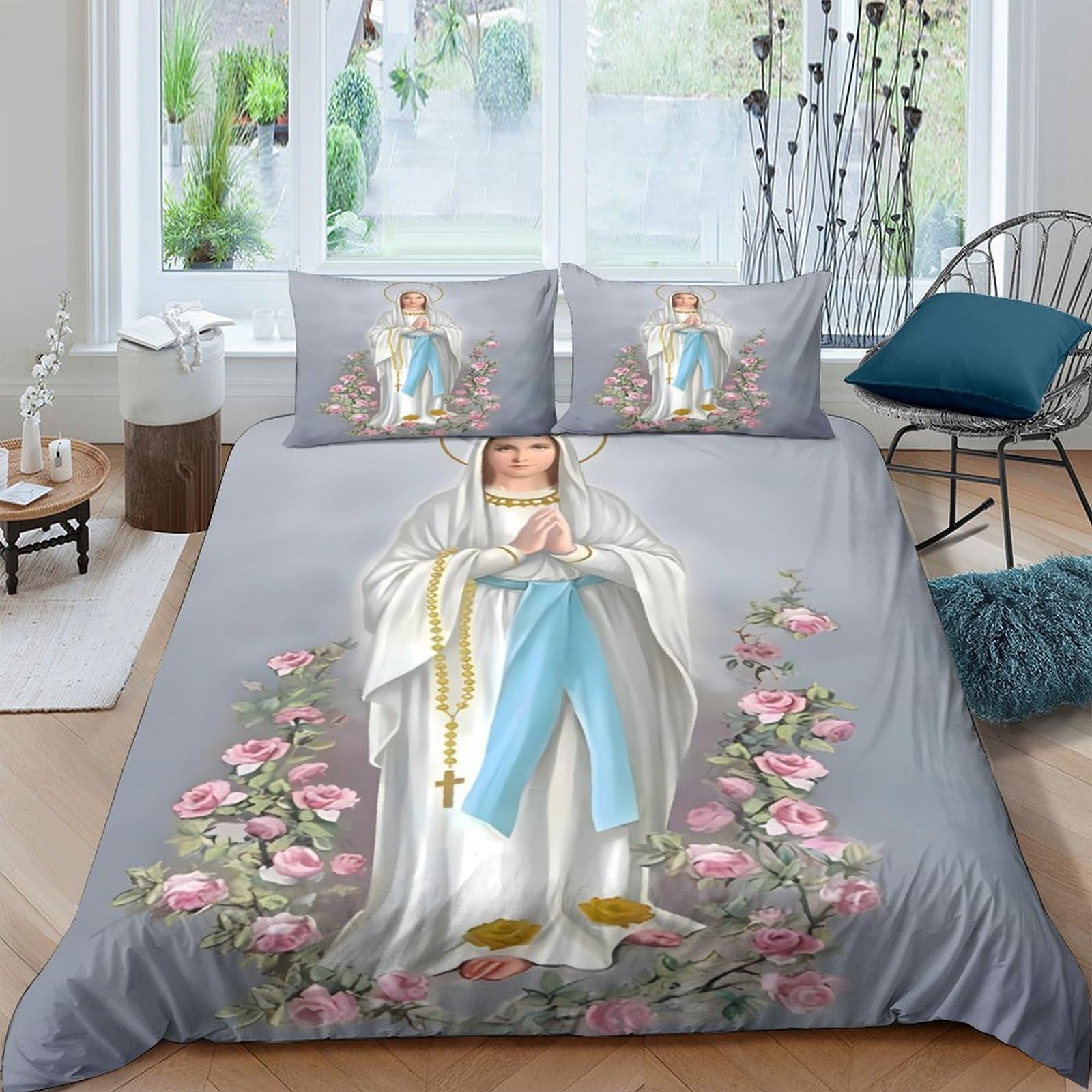 Ctjqhvkz Style-1 3D Printed Virgin Mary Fitted Sheet Microfiber Grey Floral Bed Sheet For Bedroom Dorm Mattress Protection Decor Single（135X200cm）