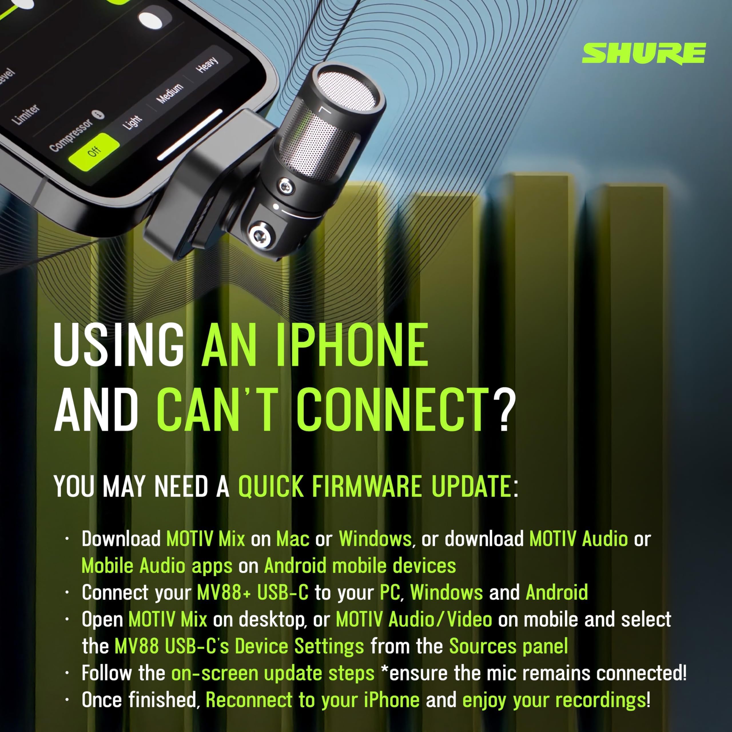 Shure MV88 USB-C Microfono, per registrazioni e vlogging iPhone & Android,con modalità di livello automatico, denoiser in tempo reale e quattro modelli polari - Nero