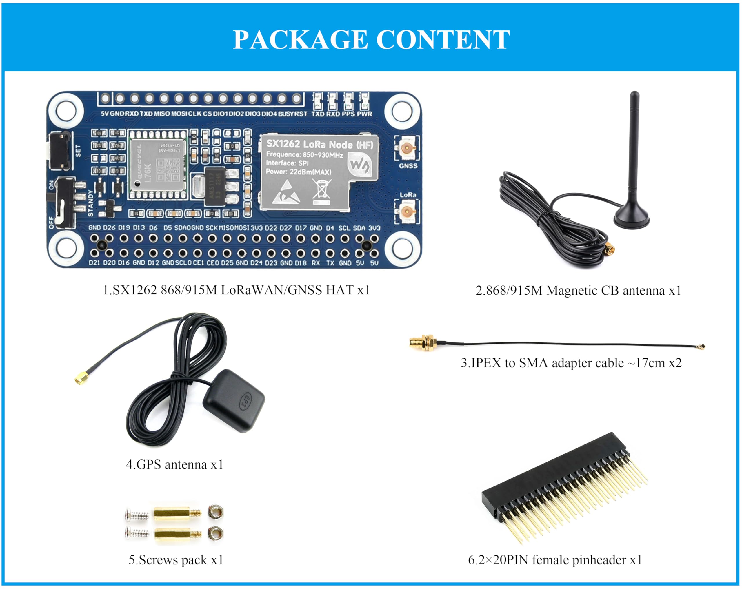 Amazon.com: SX1262 LoRaWAN/GNSS HAT SX1262 RF Chip LoRa Module