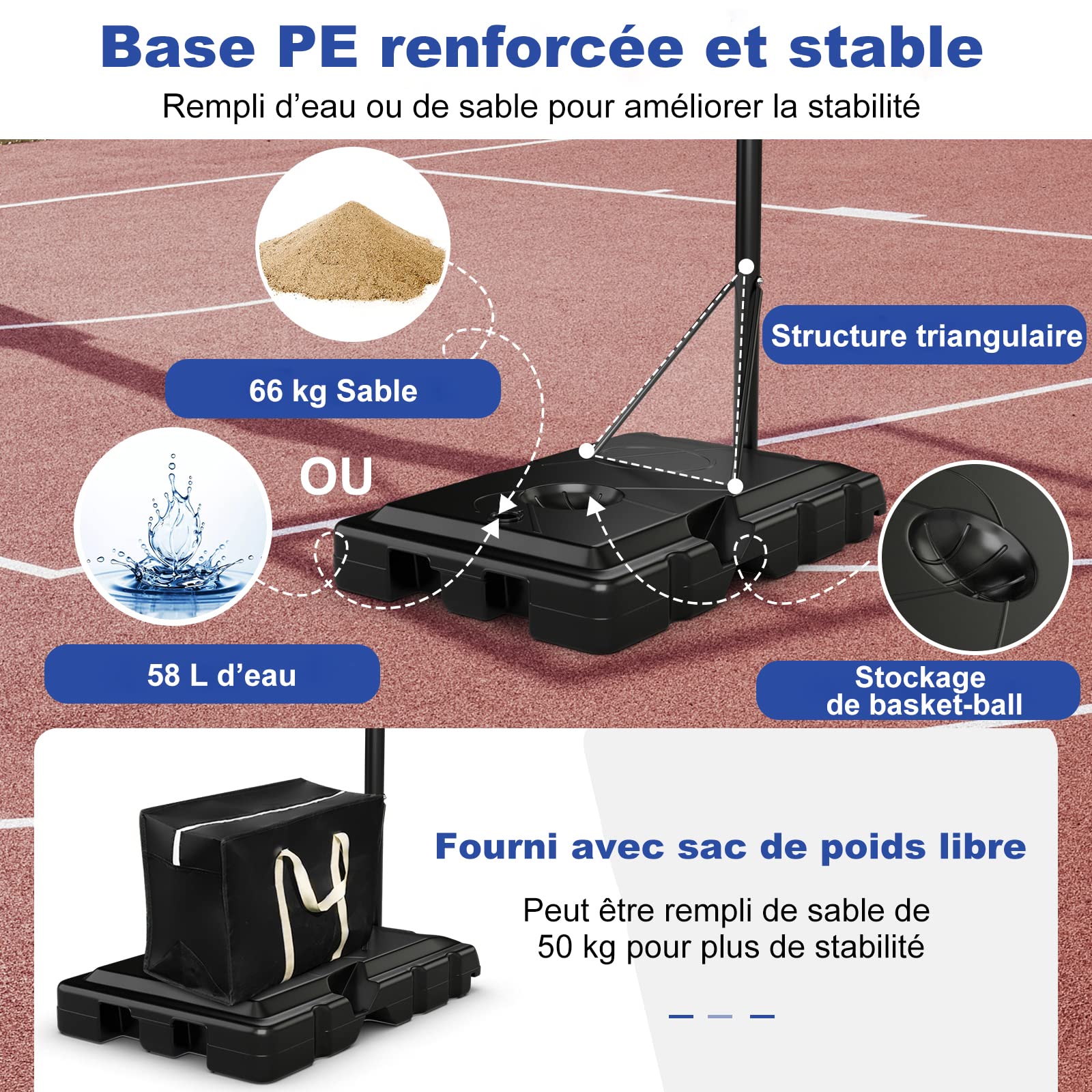 COSTWAY Panier de Basket-Ball Hauteur Réglable 145-305cm, Support de Basket Portable à roulettes avec Base Remplissable Sac de Poids Panneau Arrière de 111 cm, pour Enfants Adultes