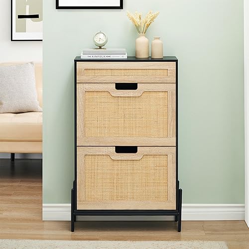 Vista 3 de GAOMON Gabinete de almacenamiento de zapatos de ratán con 2 puertas abatibles y 1 cajón, organizador de zapatos independiente para entrada, armario