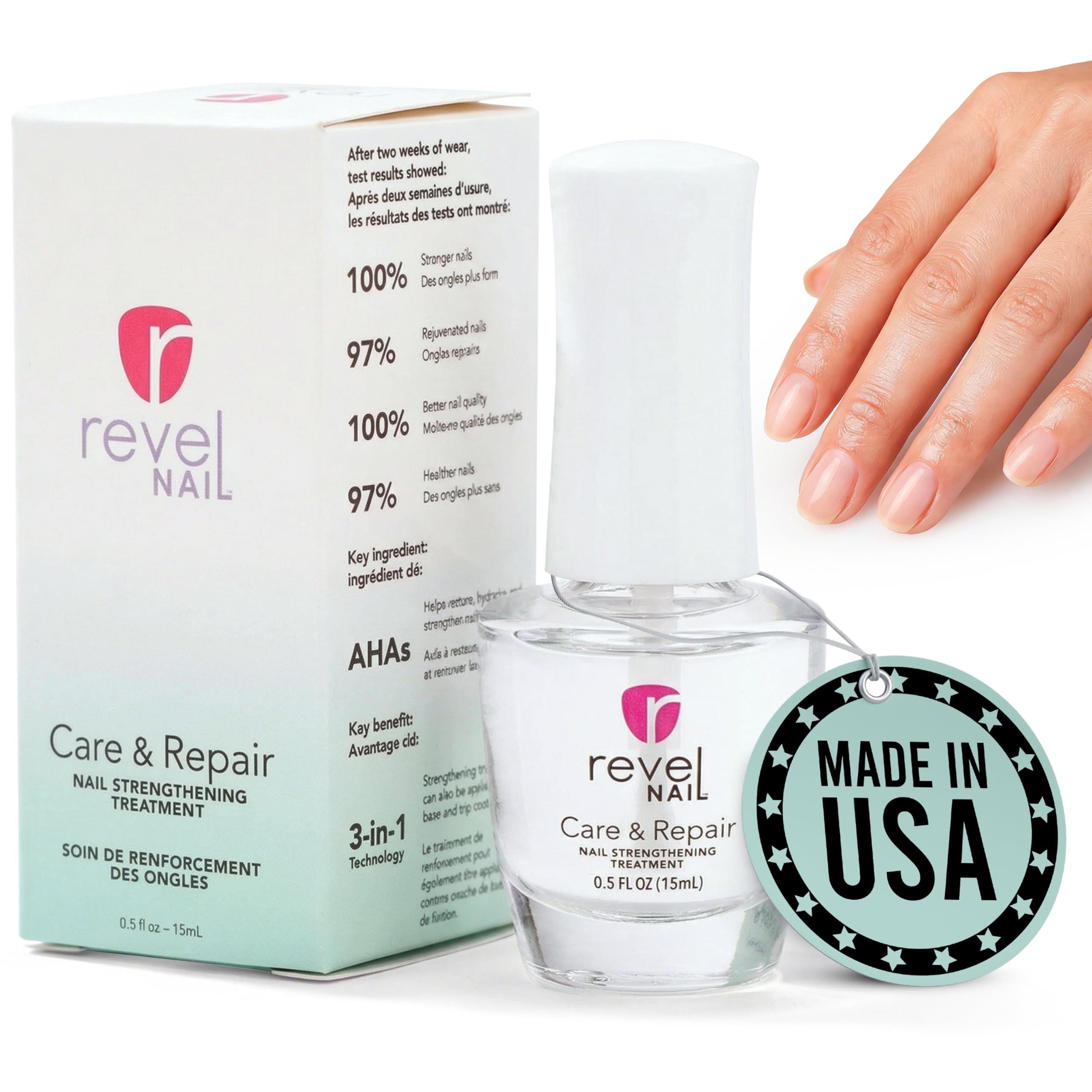 Revel Nail Care & Repair Strengthener, Clear Formula with AHA, Calcium & Vitamin E for Weak, Brittle or Peeling, Made in USA
