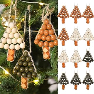 Leinuosen 12pcs Christmas Tree Wood Beads Ornaments Boho Christmas Ornaments Farmhouse Wooden Beads Xmas Decor Natural Minimalist Decorative for Home Winter Party Decor(Xmas Tree)