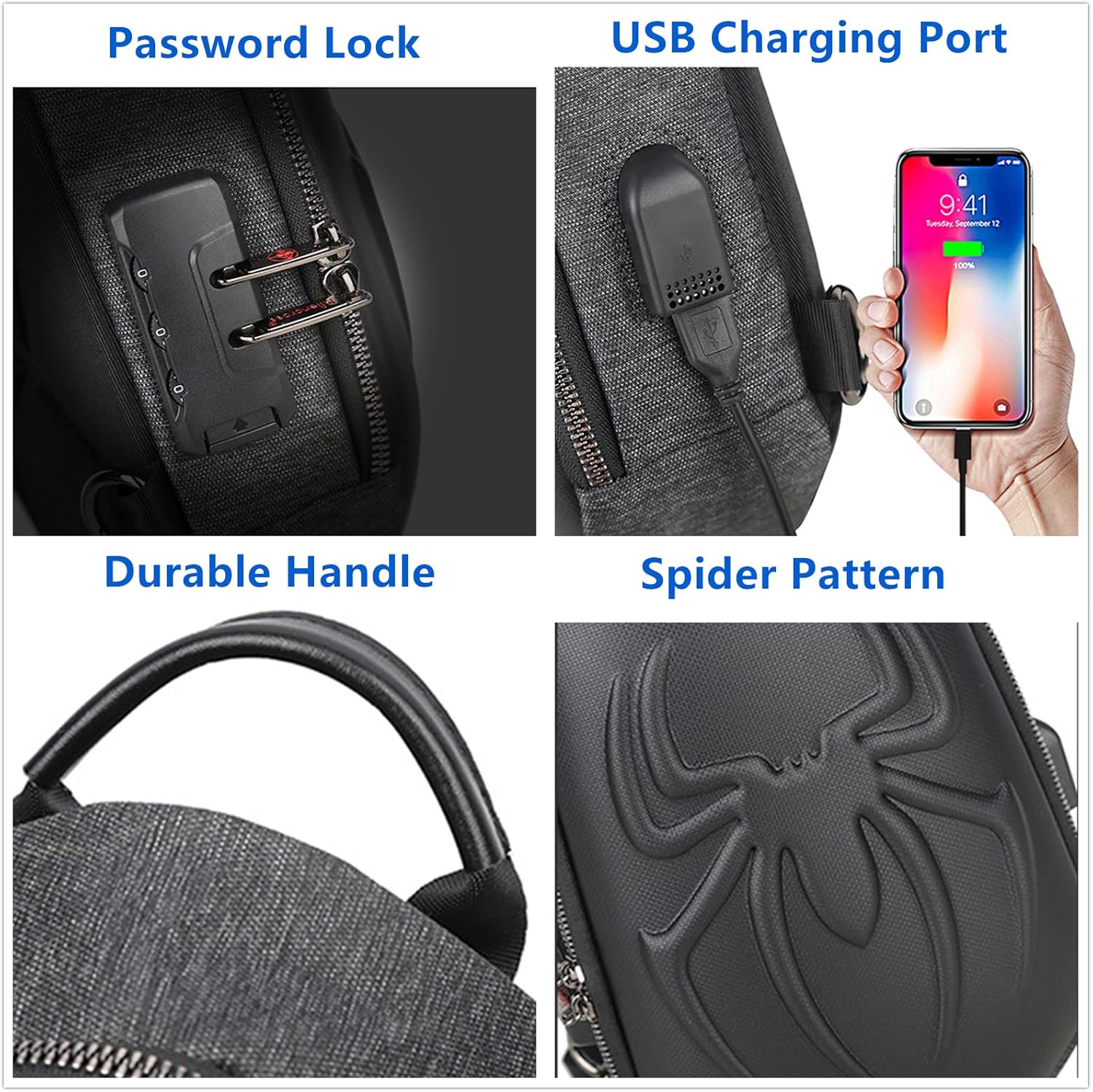 O-TBOST EVA Hard Shell Sling Bag for Men Anti-Theft Spider Crossbody Bag for Travel Cycling with USB Charging Port (Black)