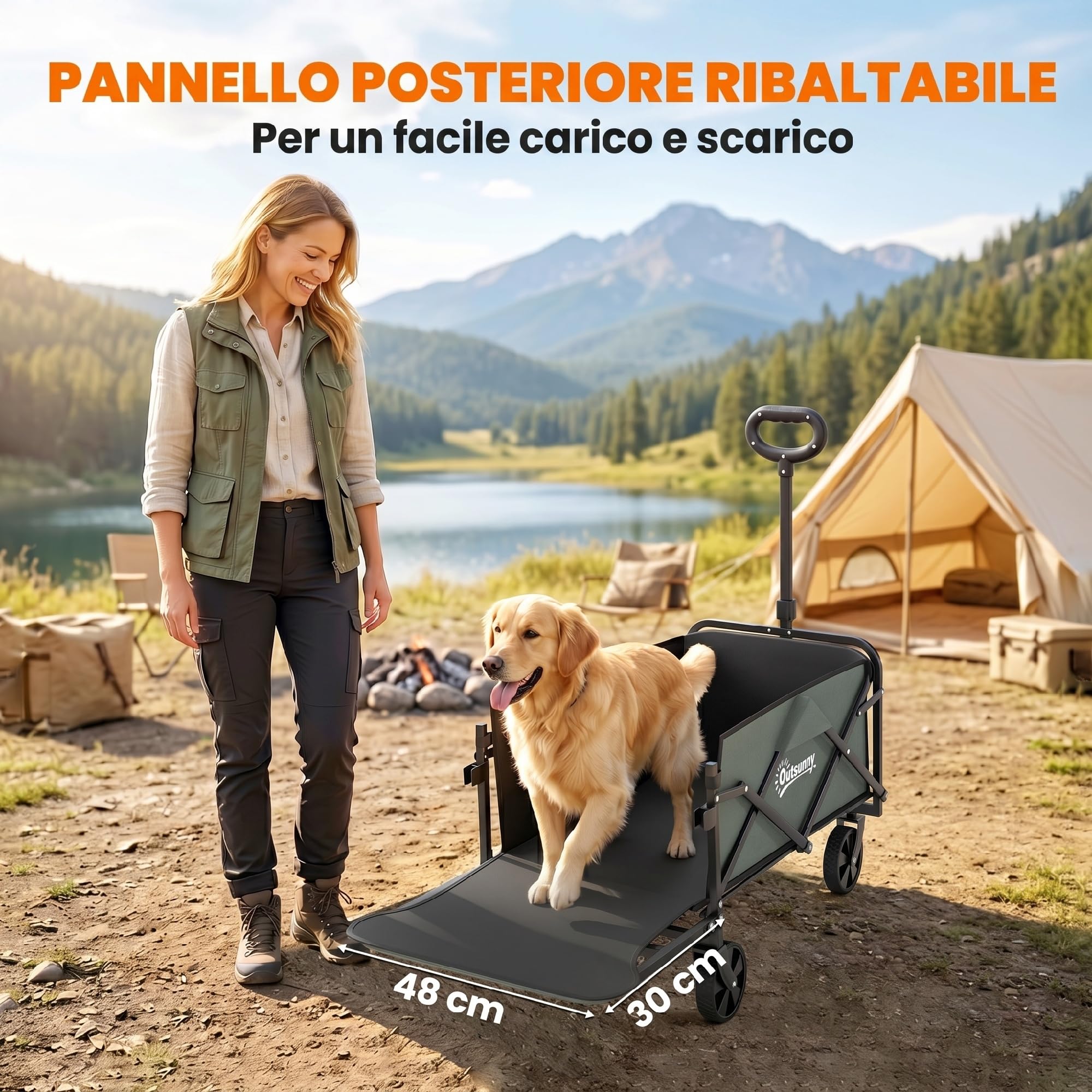 Outsunny Carrello da Giardino da 72L con 4 Ruote, Carrello Spiaggia Pieghevole in Acciaio e Tessuto Oxford con Borsa da Trasporto Lavabile, 2 Tasca Portaoggetti e Maniglia Girevole e Regolabile, Verde