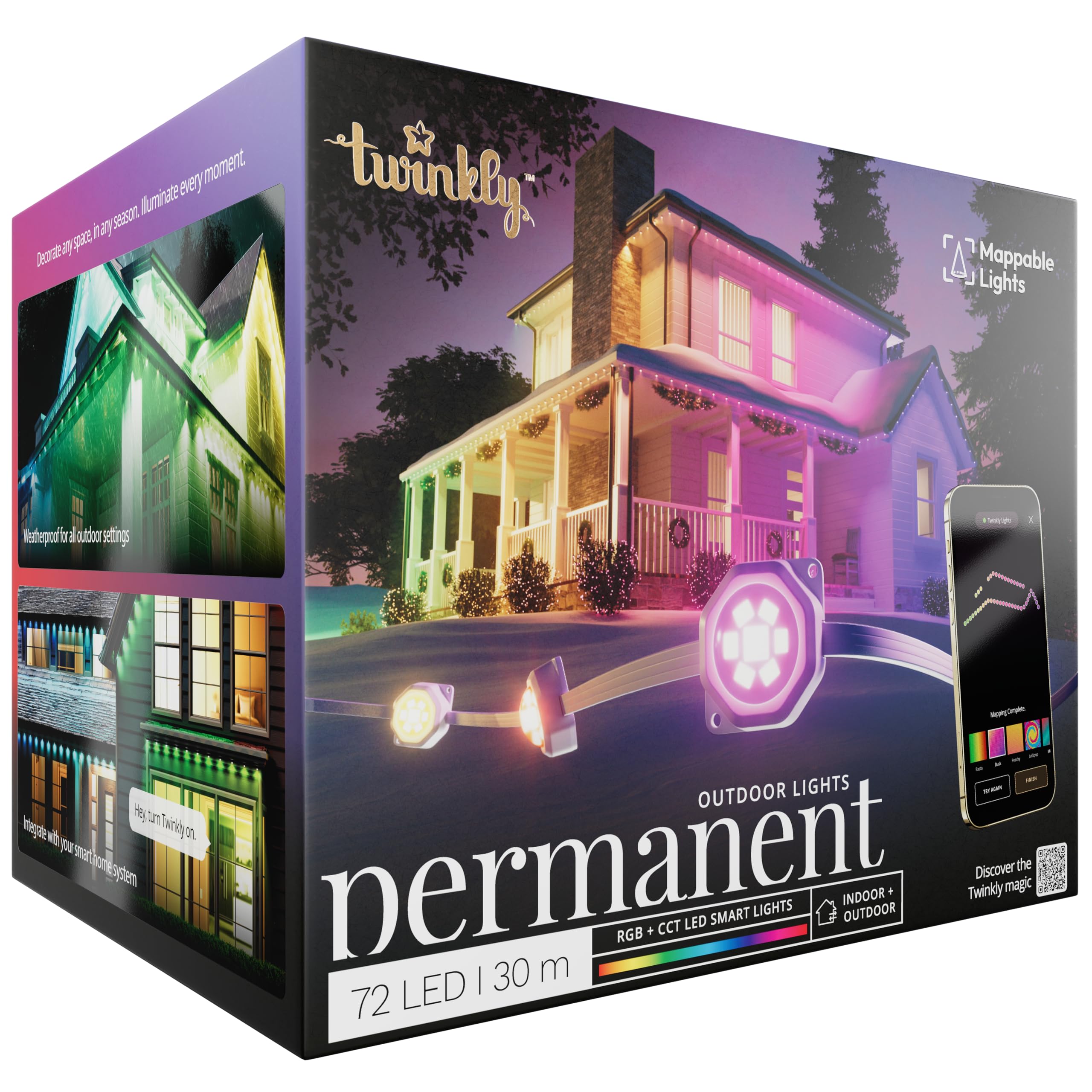 Twinkly Permanente Beleuchtung mit 72 RGB-LEDs, LED-Lichtstreifen für den Außenbereich, Smarte Mehrfarbige LED-Lichter, Kompatibel mit Alexa und Google Home, IP65, App-Steuerung, Weißes Kabel, 30 m
