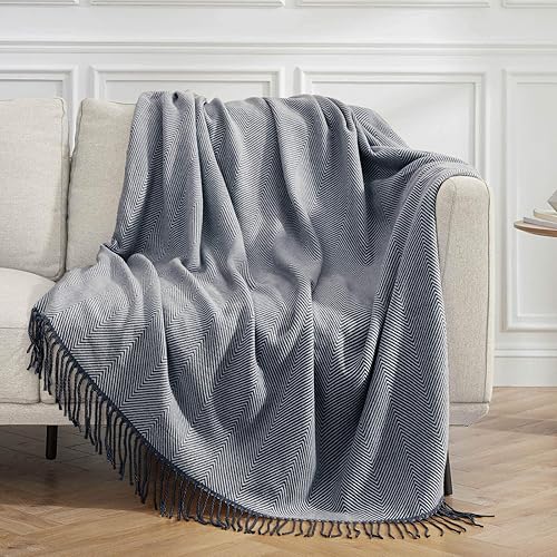 VEEYOO Manta azul marino, ligera, extra suave, para sofá, decoración de borlas, manta de punto para dormitorio, oficina, regalo, manta de viaje de