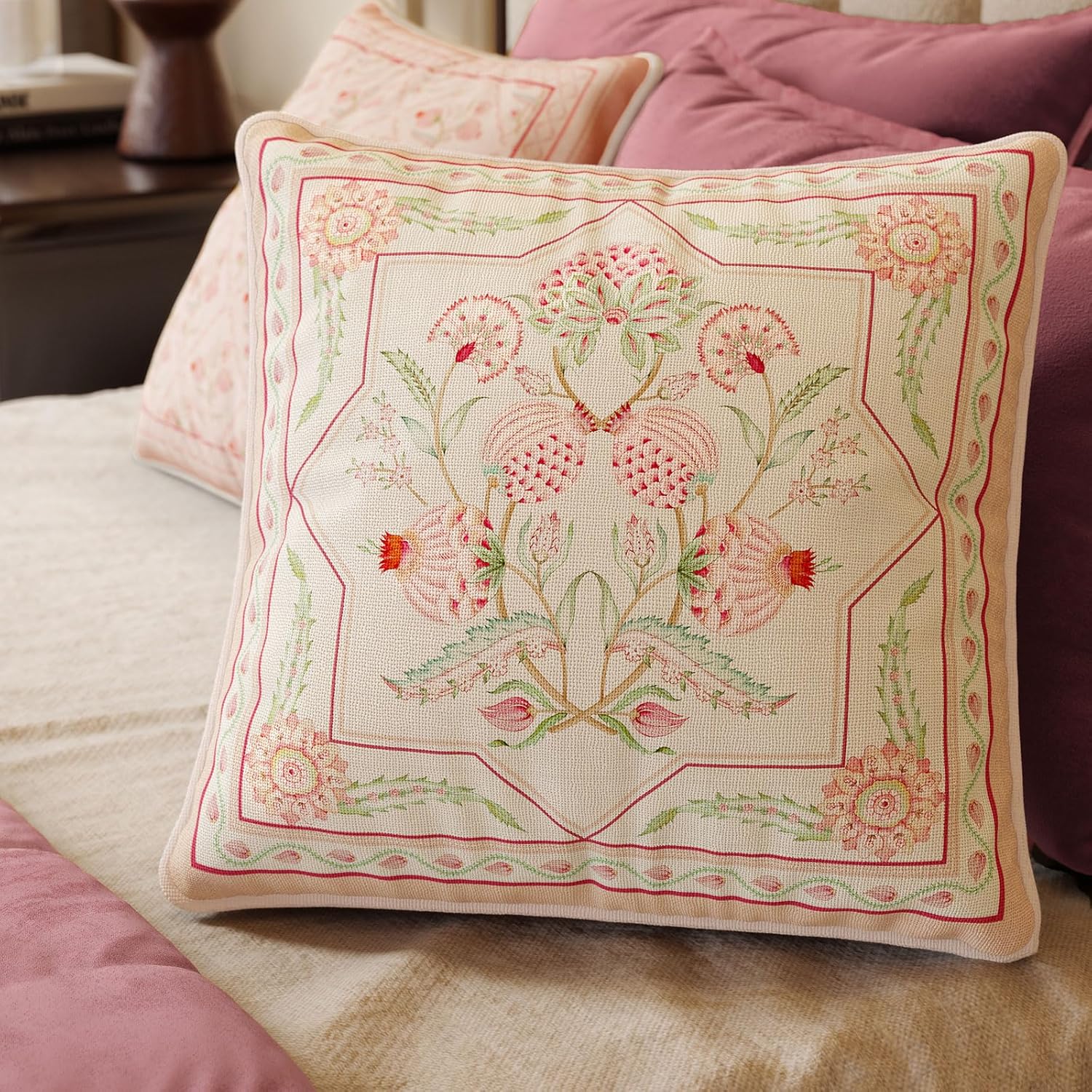 Spring Floral Block Print Pillow Cover, Euro Shams Decorative Pillow Covers 18x18 for Couch Sofa Bed Living Room, Pink Garden