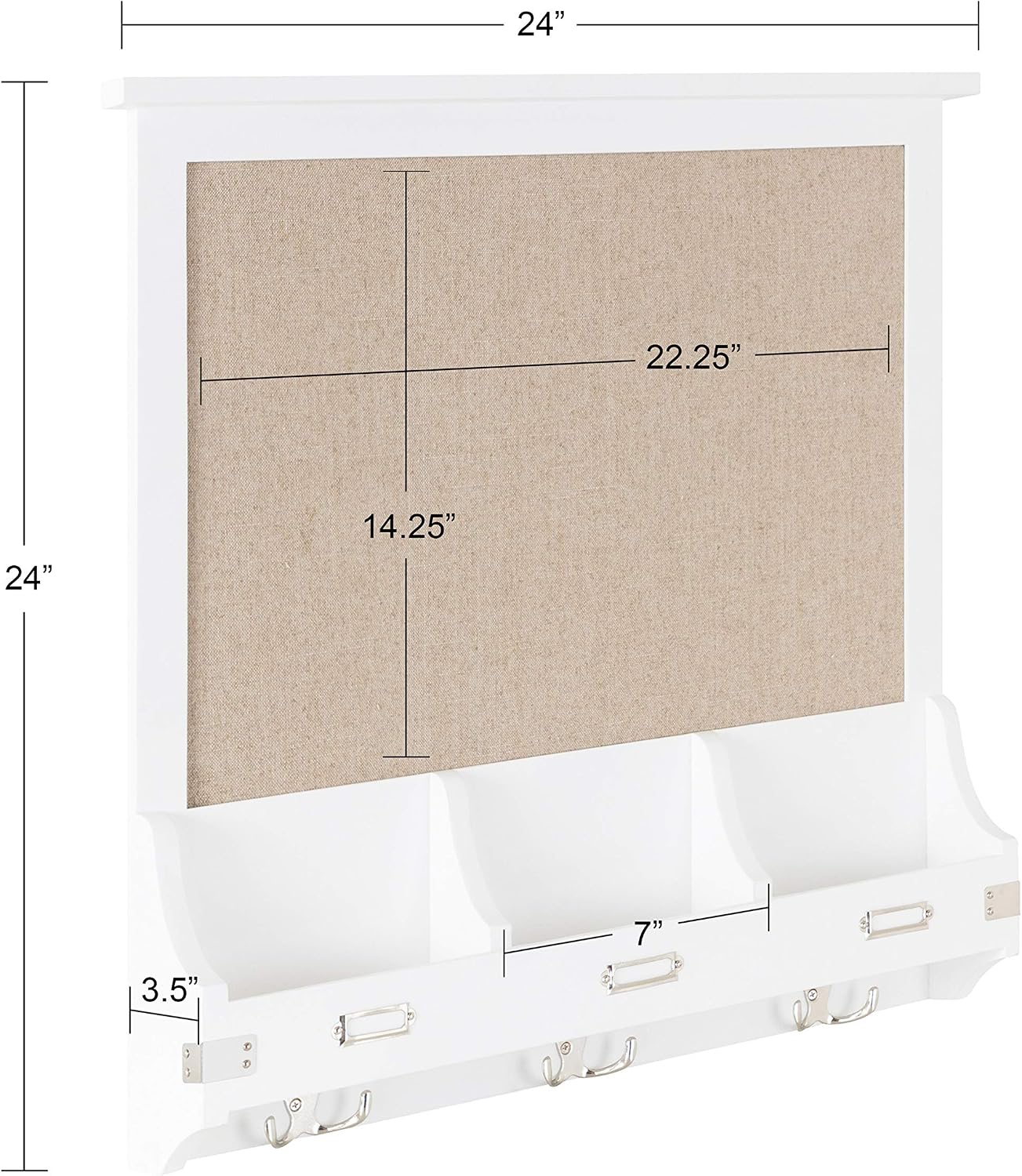 Kate and Laurel Stallard Wood Framed Wall Organizer with Fabric Pinboard, 24 x 24, White, Decorative Organizer with 3 Hooks and 3 Wooden Pockets