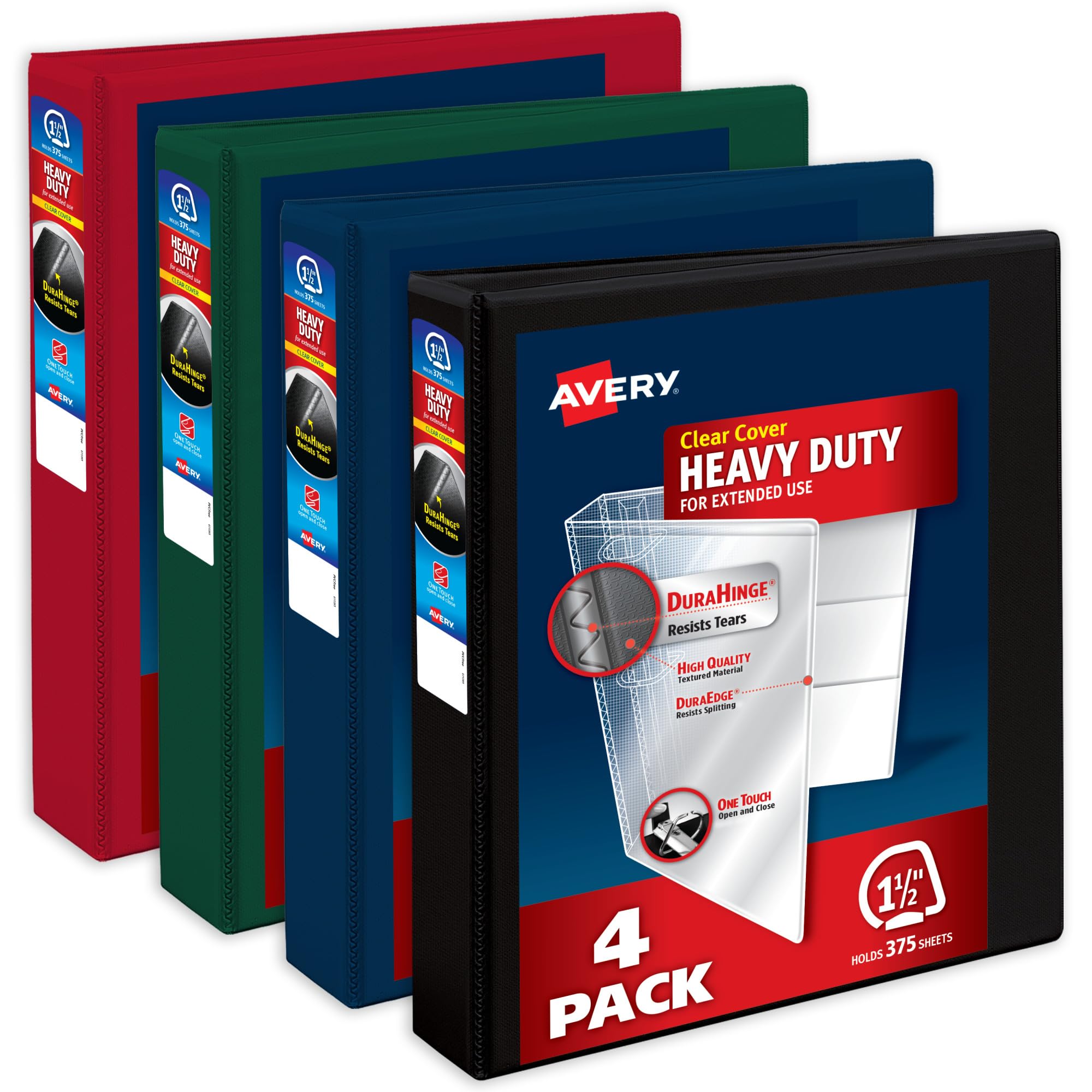 Avery Raccoglitori a 3 anelli resistenti, anelli inclinati One Touch da 3,8 cm, capacità 375 fogli, DuraHinge, dorso largo 5,3 cm, copertina trasparente e dorso personalizzabili, colori scuri