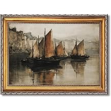 Large Framed Harbor Sailboat Oil Painting Poster Vintage Coastal Town Seascape Canvas Wall Art Classic Moody Nautical European Landscape Artwork Print for Beach House Bedroom Decor 24x36inch