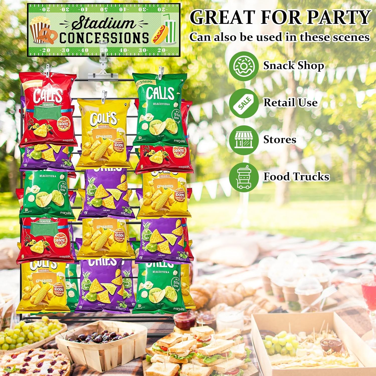 Geelin Football Party Potato Chip Rack Table Decor Concessions Sign and Display Stand with 60 Clips Countertop Snack Holder for Bags Metal Storage Candy Rack for Football Birthday Party