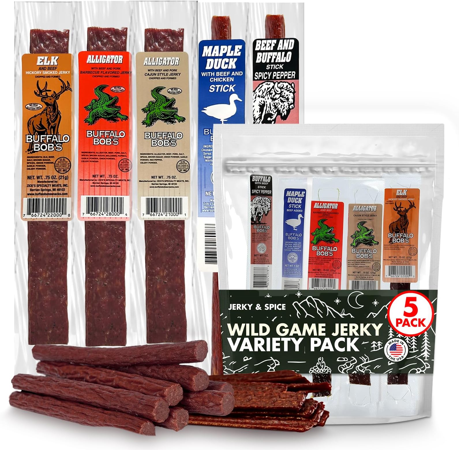 Wild Game Meat Snacks (5 Pack) Exotic Variety Assortment Sampler, HIgh Protein, Gift for Men/Dad, Stocking Stuffer, Adventure Enthusiast, Unique Snacks