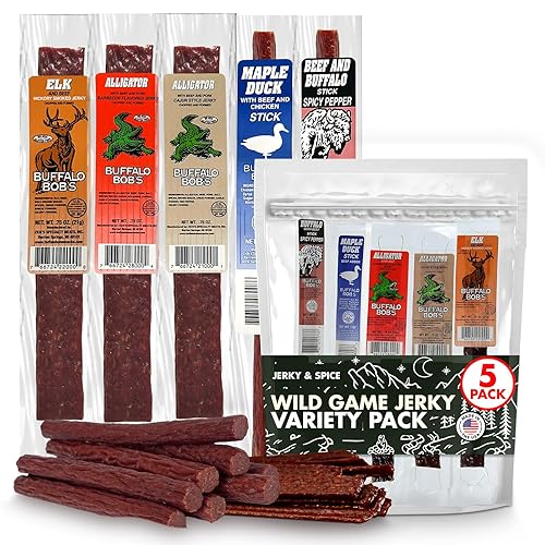 Wild Game - Bocadillos de carne (paquete de 5) surtido exótico, proteína alta, regalo para hombres/papá, relleno de calcetines, entusiasta de la