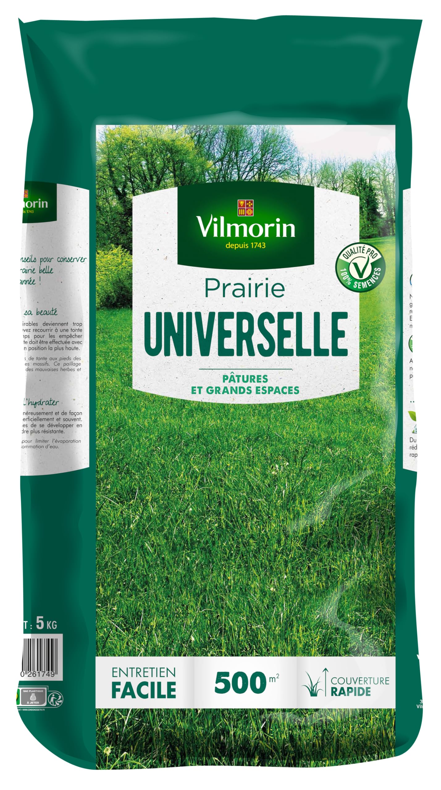 VILMORIN - Prairie Universelle - Pour pâtures et grands espaces - Idéale pour les animaux - Robuste - Entretien facile - Couverture rapide - 5 Kg = 500 m² de Prairie