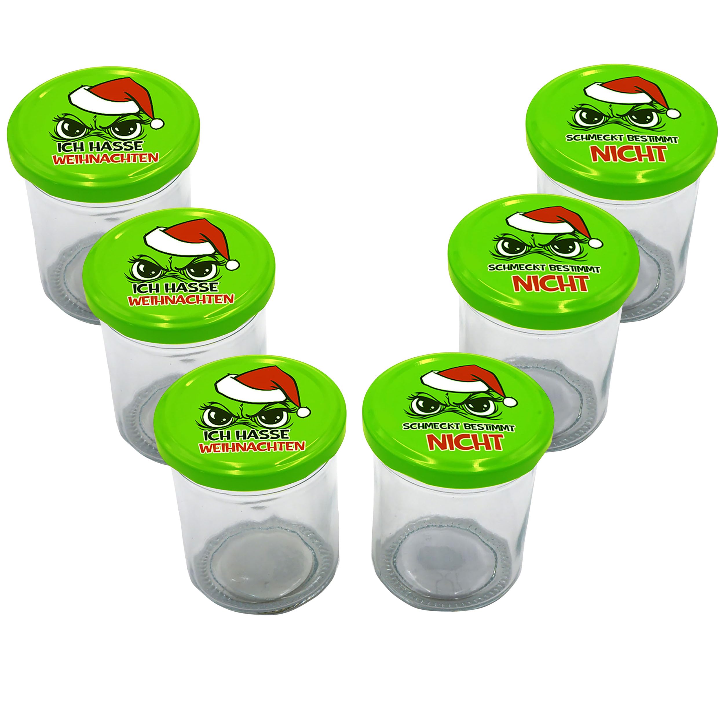 Annastore 6 x Einmachgläser mit Anti-Weihnachts-Design (6 x 200 ml) | "Festtags-Muffel" - Witzige Vorratsgläser luftdicht für Weihnachten - Freche Gläser zur Aufbewahrung für Weihnachten