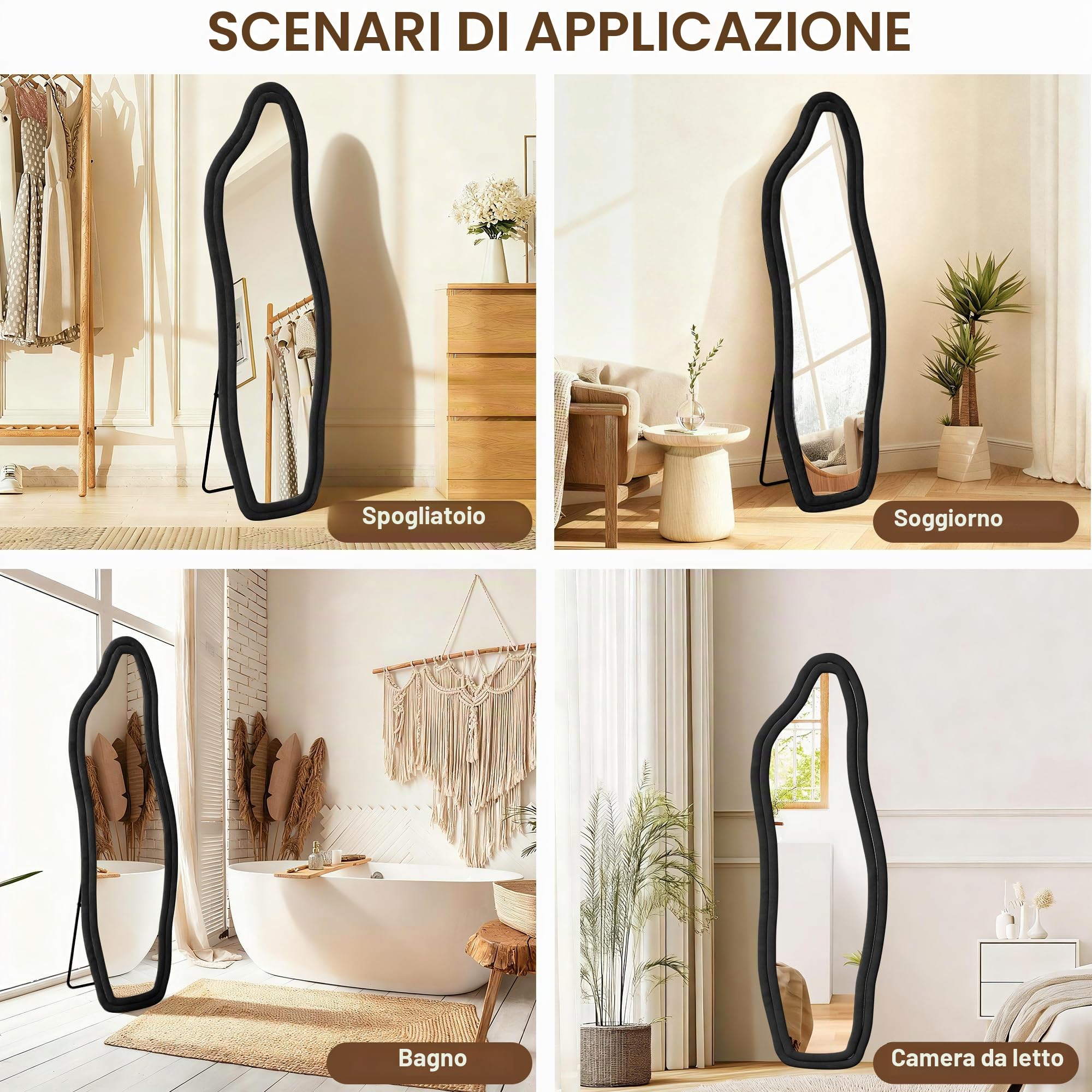 BRILVERDE Specchio a figura intera a forma di delfino, specchio da terra asimmetrico con cornice in velluto, specchio da vestizione per soggiorno, camera da letto, da appendere e da appoggiare (nero