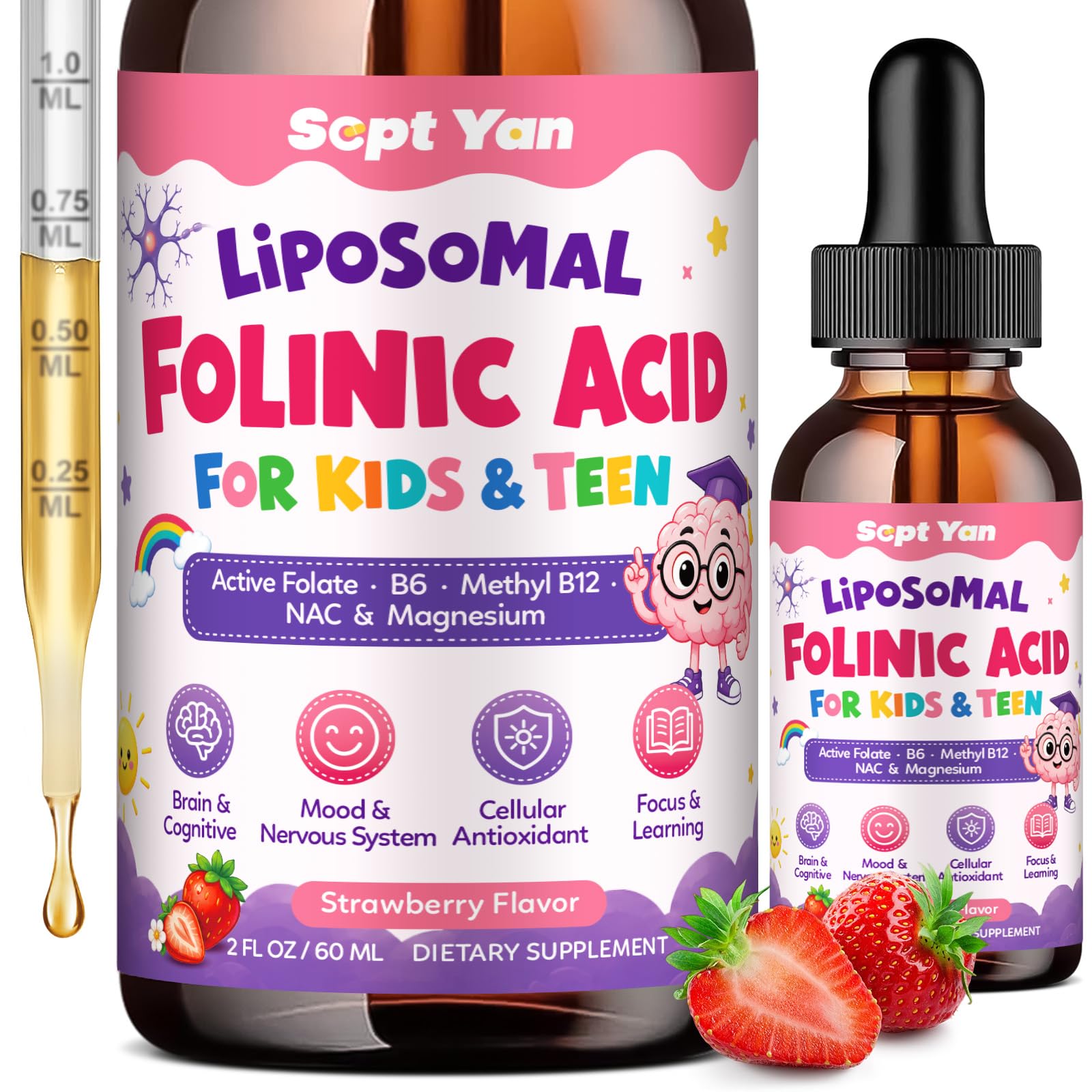 Folinic Acid for Kids, Active Folate Drops with Methylcobalamin B12, P5P B6, DHA, Choline & Magnesium, Kids Folinic Acid Supplement for Mood, Focus, Brain &Energy,GMP,Vegan,Strawberry Flavor, 2 Oz