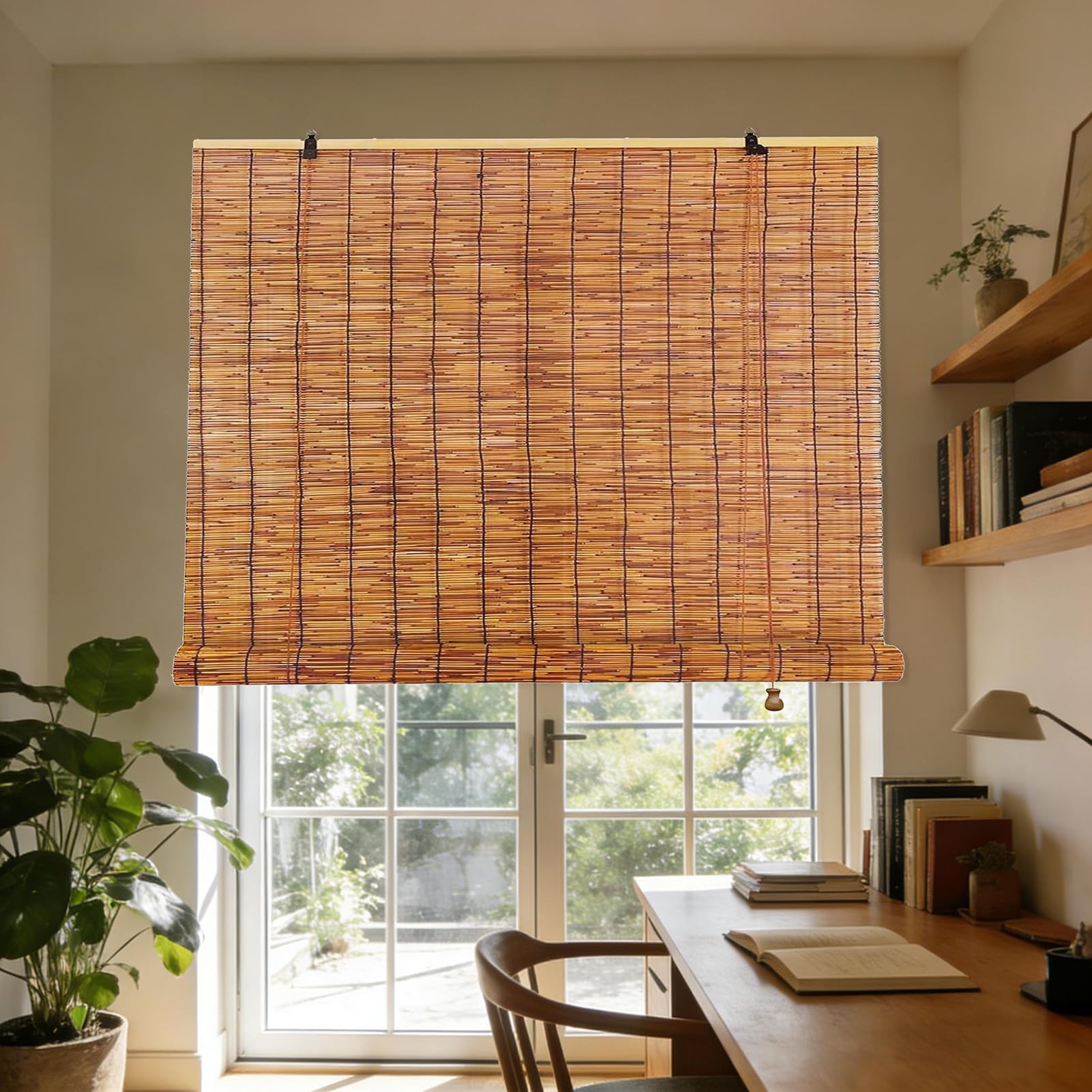 Blackout Bamboo Blinds Outdoor, Waterproof Roller Shades Natural Retro Roll-up Reed Shade With Lifter,Bamboo Roll-up Shades, Sunshade Curtain Roman Blinds for Home Patio Porch Customizable Size