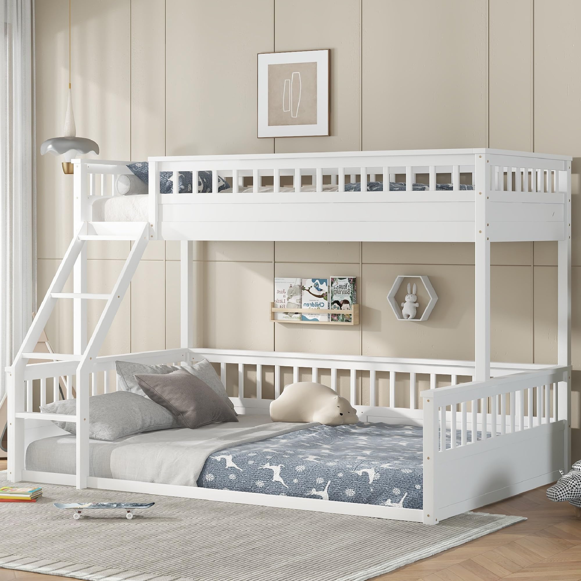 KEIKI Twin XL Over Queen Floor Bunk Bed, White Wooden Bunk Bed Frame with Ladder & Guardrail, Convertible to 2 Separated Kids Beds for Teens Bedroom, Easy Assembly, White