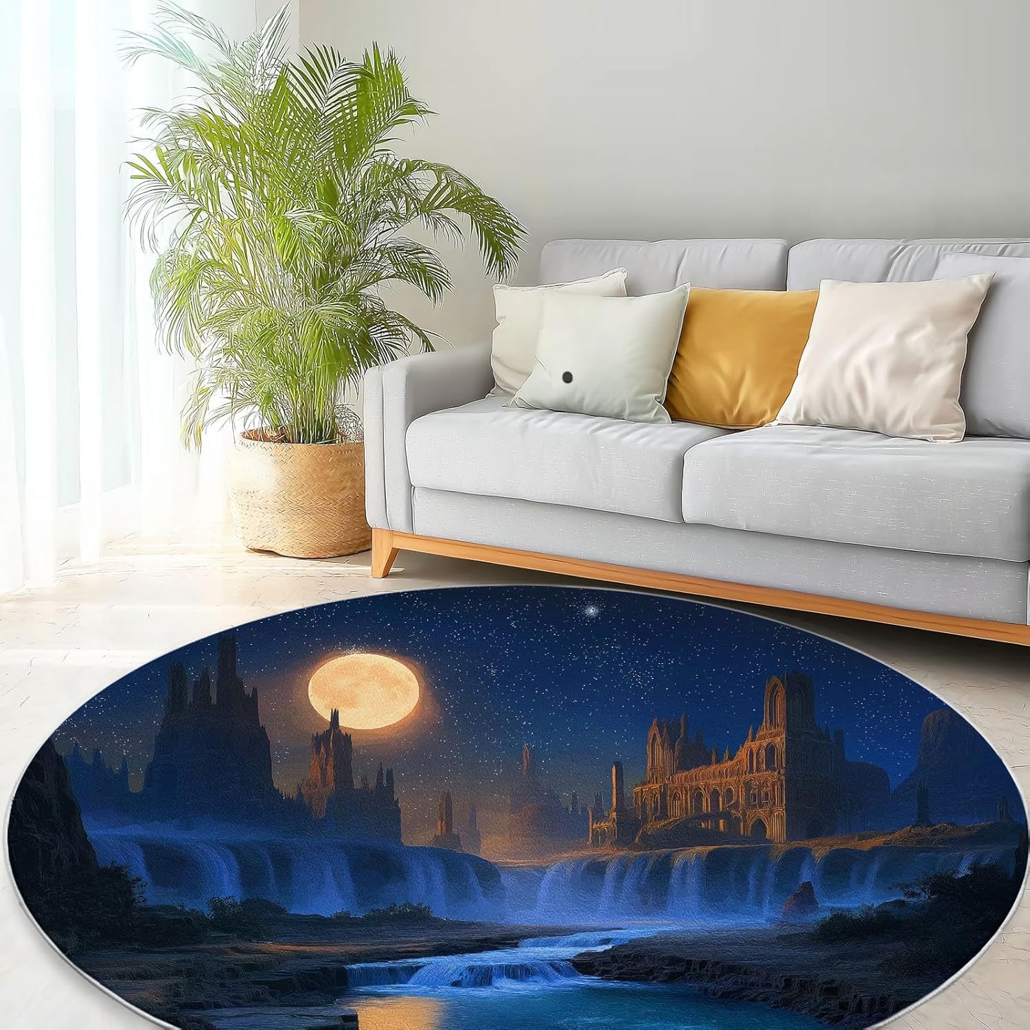 Gothic Old Town Landscape Round Rug for Bedroom 2 ft, Soft Circle Area Carpets, Washable Low Pile Classroom Rugs, Carpet for Living Room Sofa Bathroom Nursery Kids Room Decor, Navy Blue
