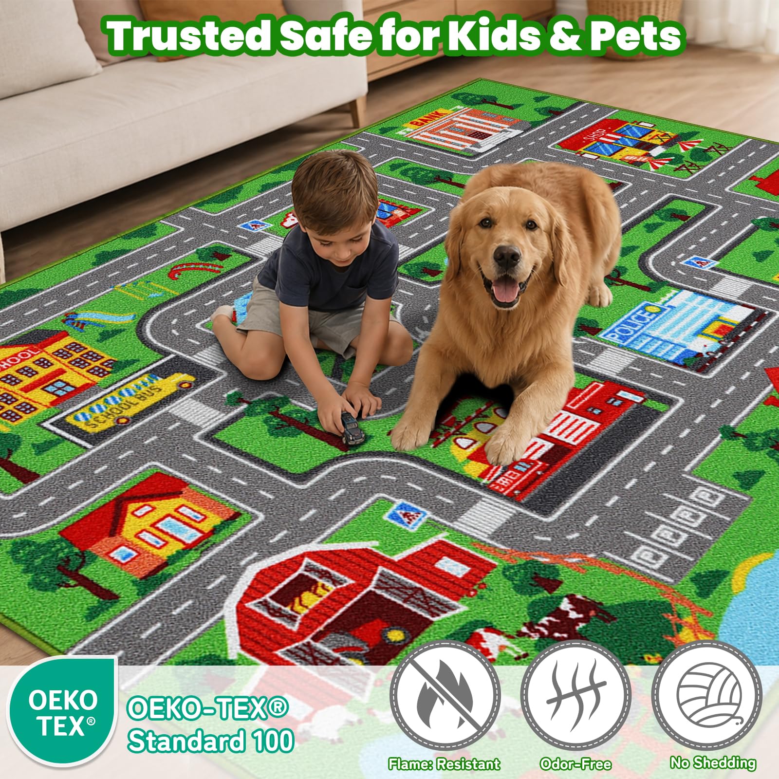 Tappeto da gioco per auto per bambini, tappeto con mappa della città, 150 x 200 cm, multicolore
