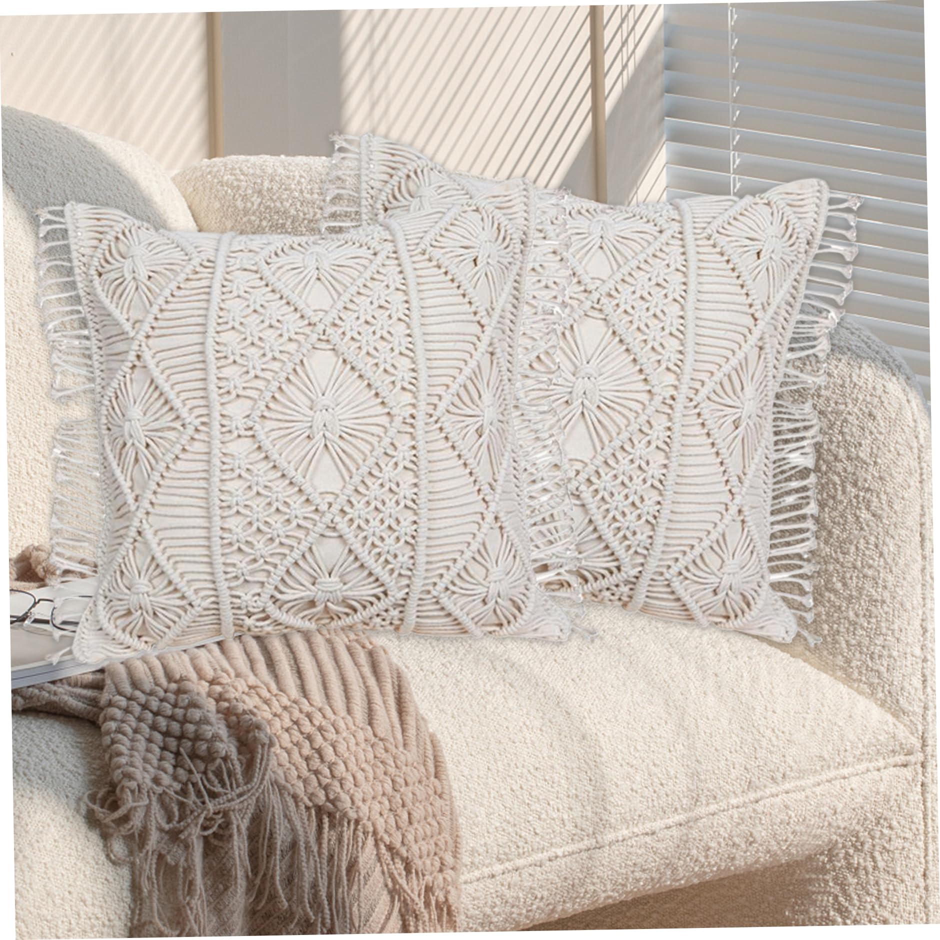 Federe per cuscini Boho con frange in cotone, 2 federe morbide per cuscini quadrati per divano per l'arredamento del soggiorno/18x18 pollici