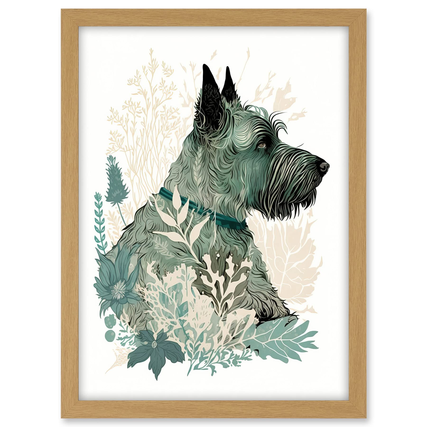 Artery8 Scottish Terrier Dog Lying in Flower Field Modern Teal Tan Illustration Artwork Framed A3 Wall Art Print