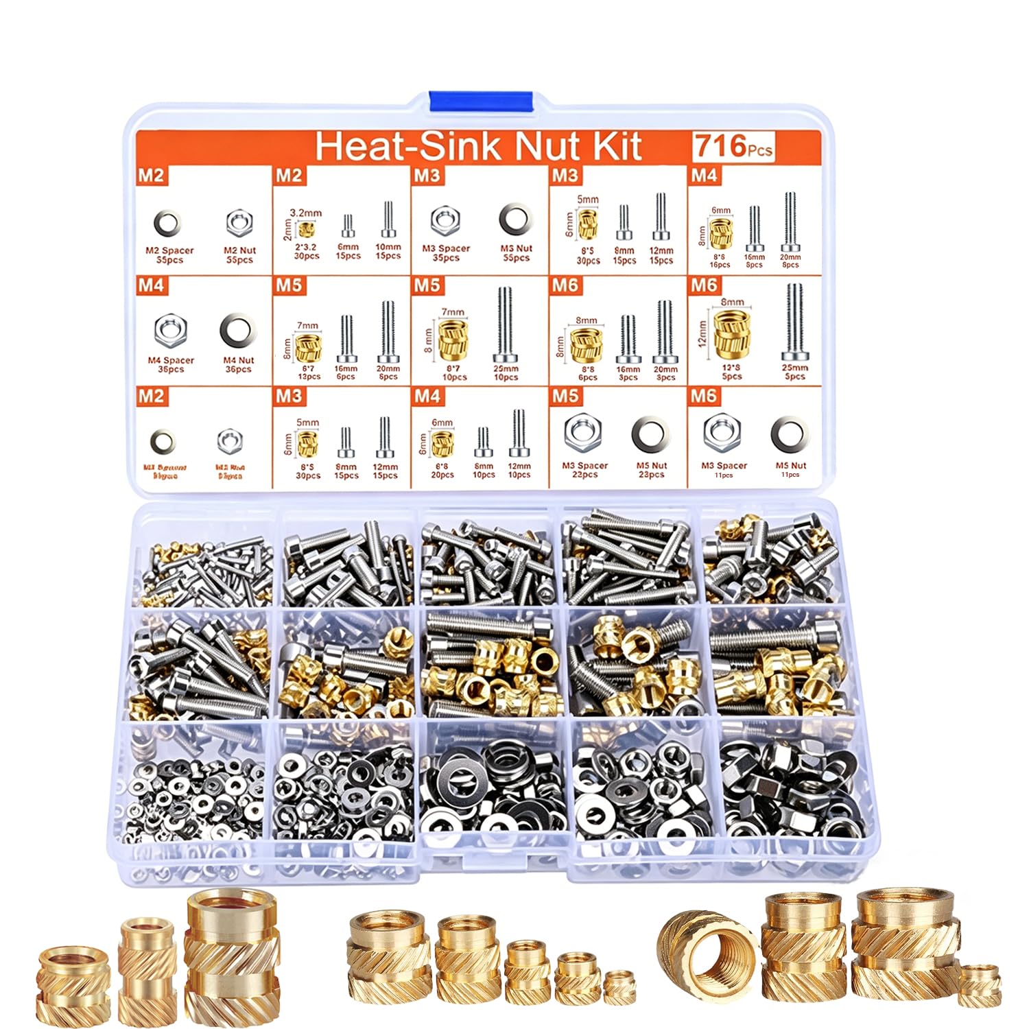 716Pcs M2 M2.5 M3 M4 M5 M6 Brass Threaded Inserts, Stainless Steel Hex Socket Head Cap Screws Nuts Kit Brass Heat Set Insert Knurled Nuts Machine Screws Nut for 3D Printing Components
