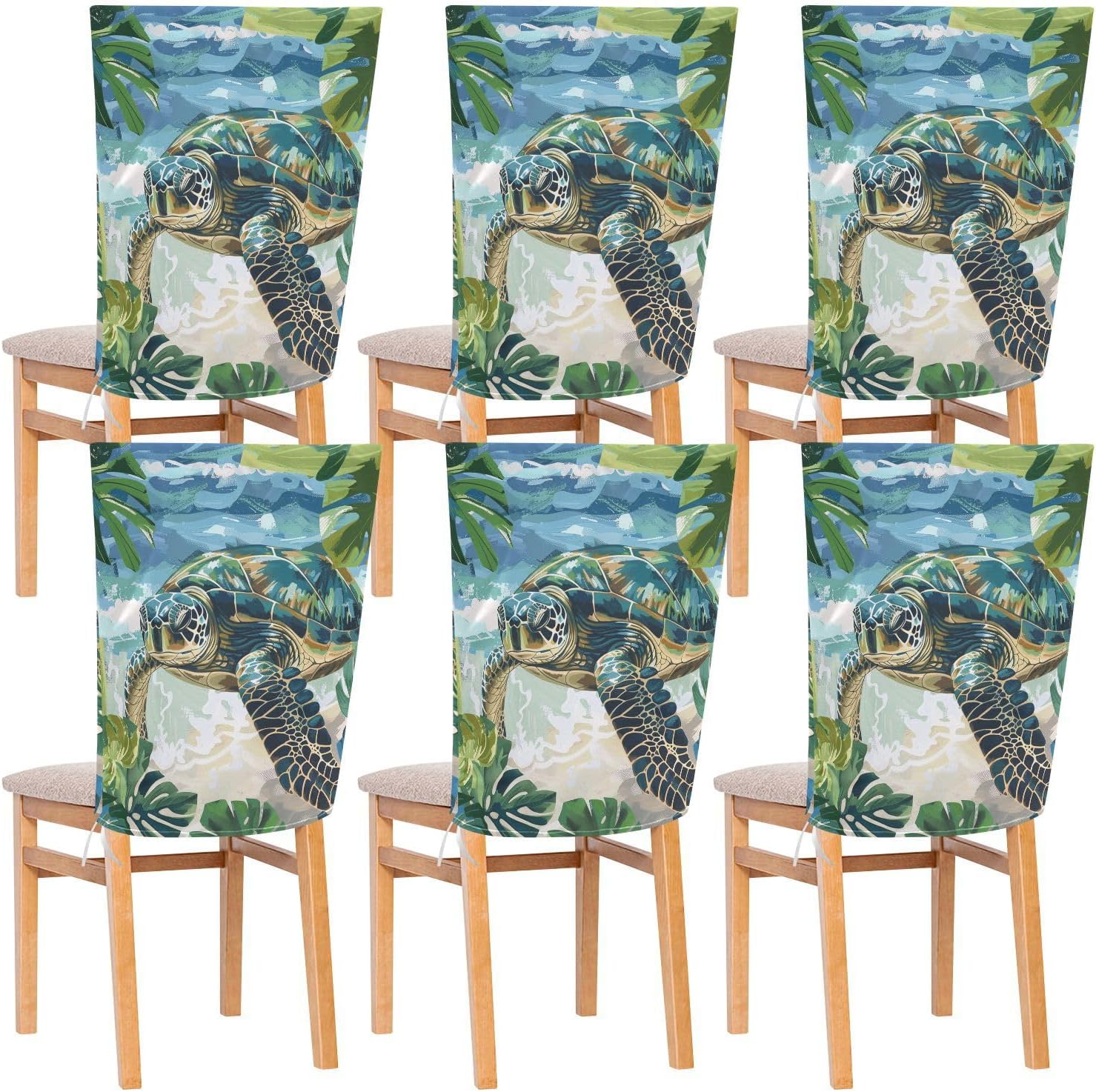 ALAZA Turtle Tropical Leaves Chair Back Cover Set of 6, Washable Reusable Removable Chair Slipcovers Decorative Chair Cover for Home Kitchen Wedding Party