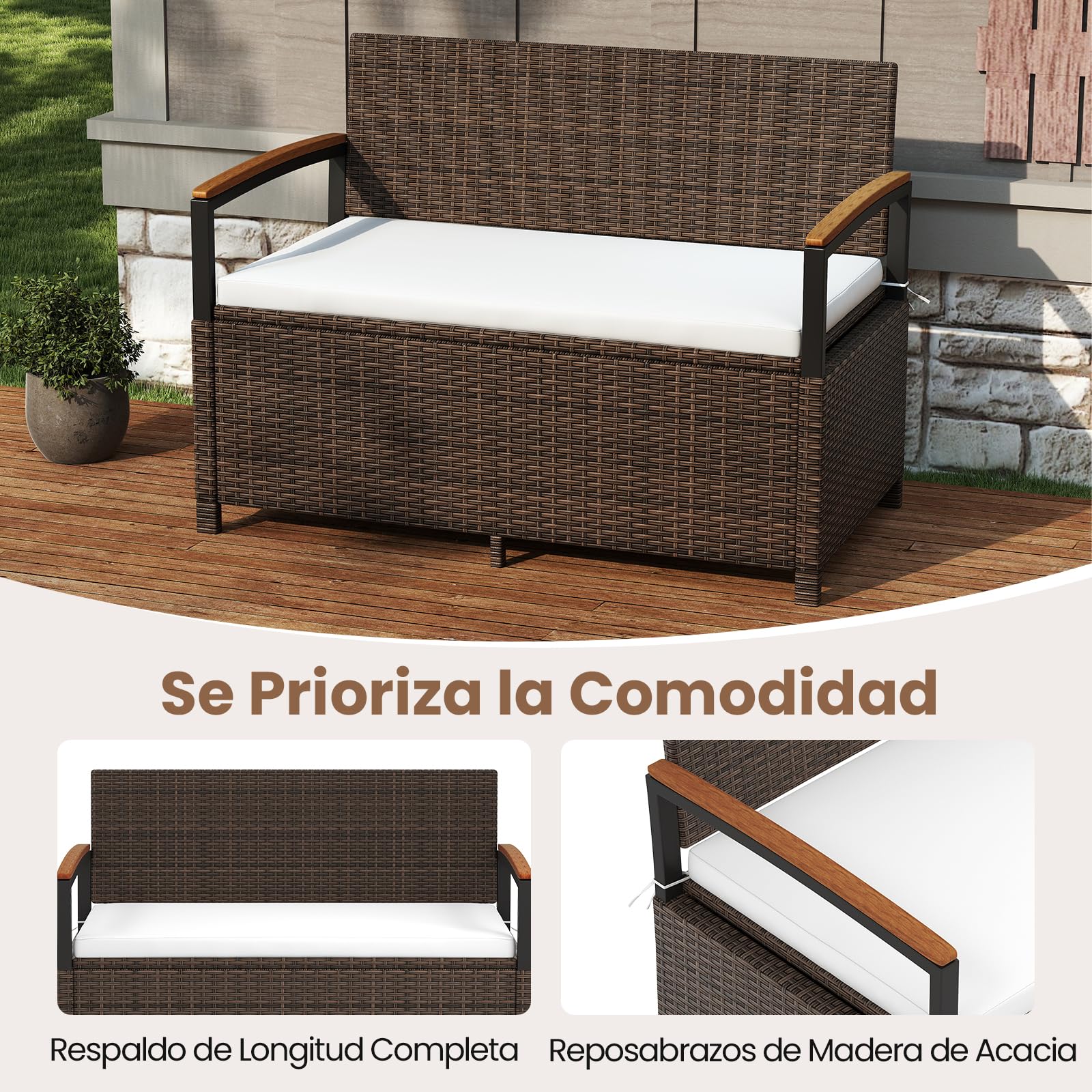 COSTWAY Banco de Almacenamiento Exterior Ratán, 175 L Baúl para Terraza con Cojín, Respaldo y Reposabrazos de Madera de Acacia, Sofá de Mimbre PE con Almacenamiento Oculto y Bolsa Impermeable (Blanco)