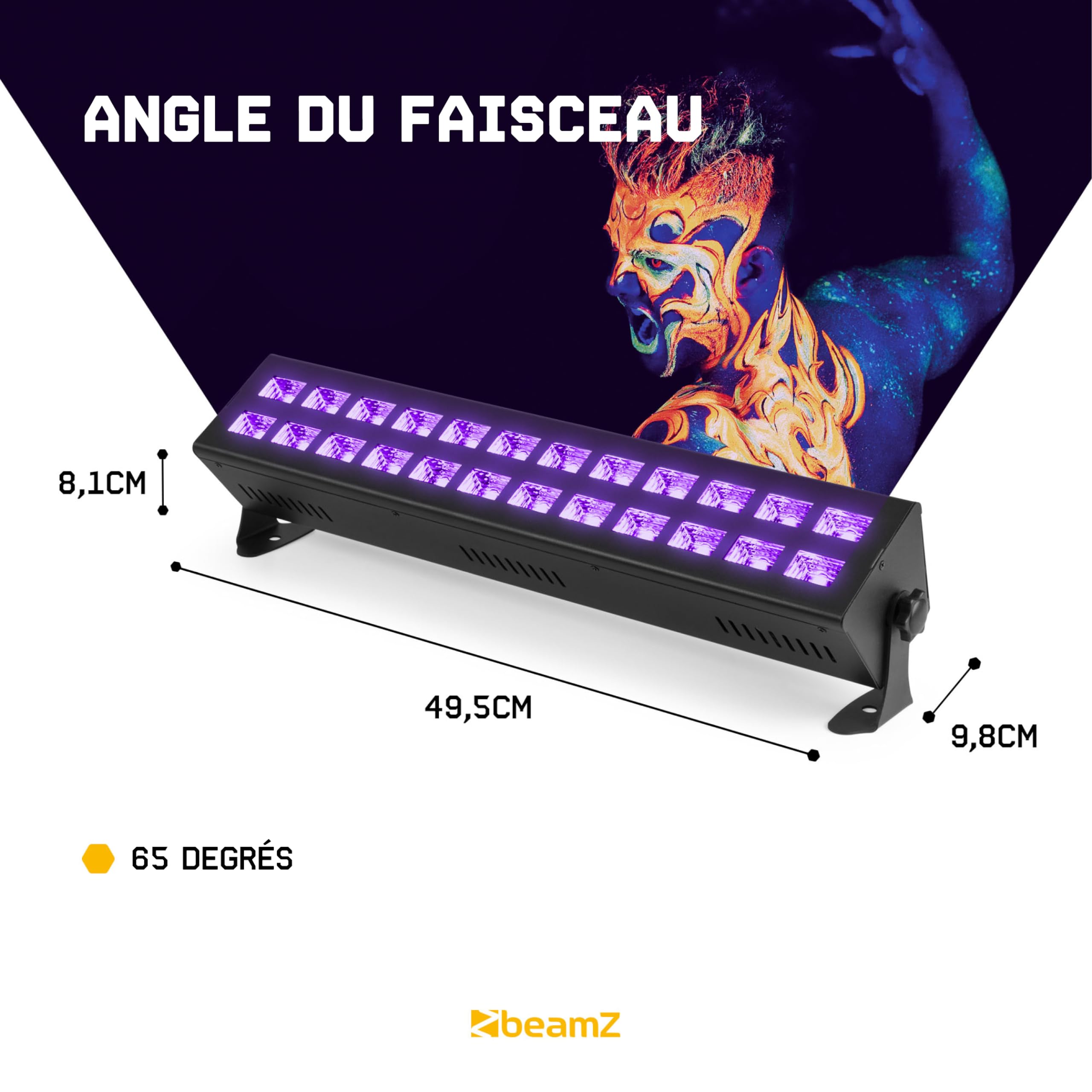 BeamZ BUV243 Barre LED Lumière Noire UV - 24 LEDs, Soirée Fluo/Halloween, DMX, Fixation Mur et Plafond, Effet Stroboscope, Idéale pour les DJs Mobiles, Bowlings, Soirées Halloween