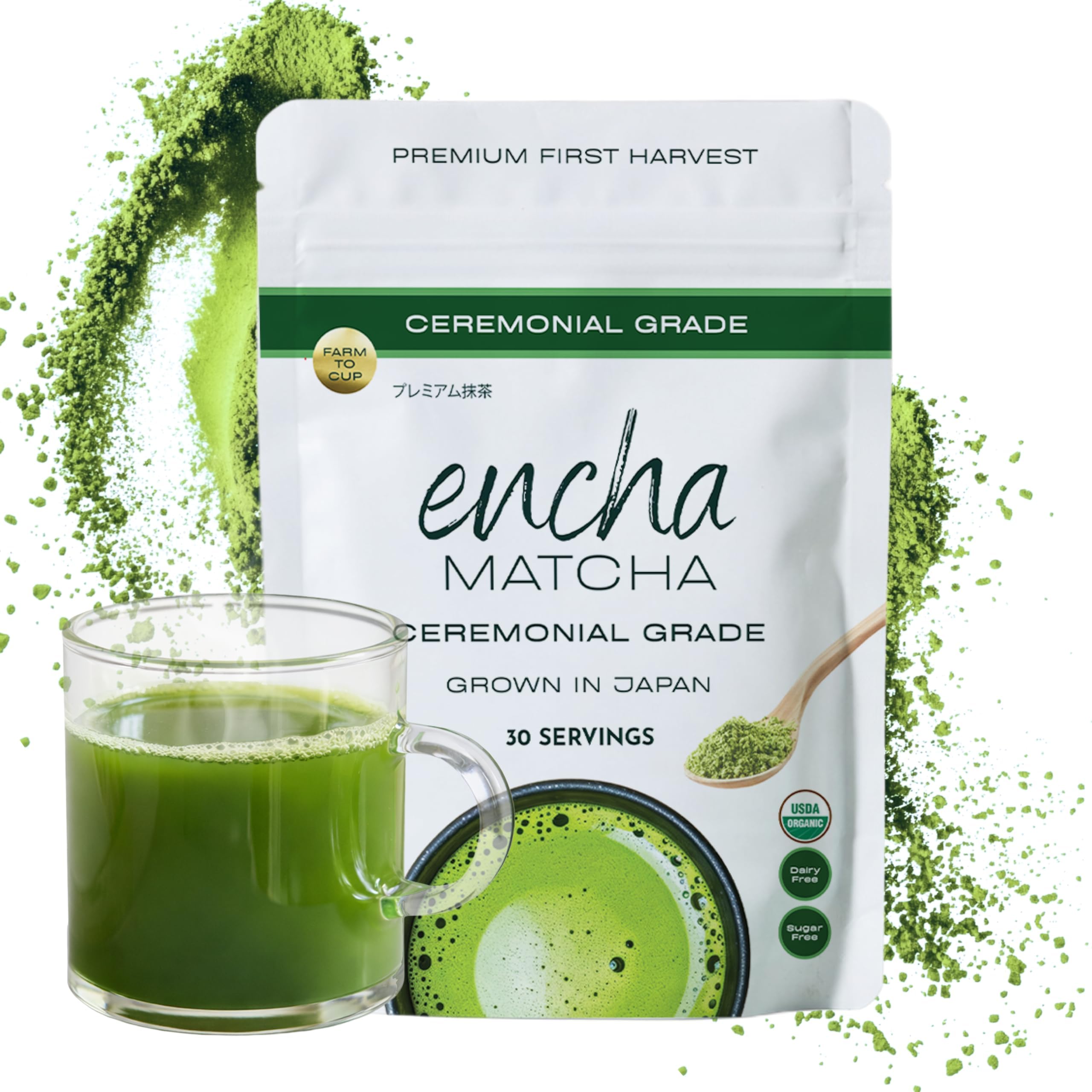 (Ceremonial-Grade (premium 1st harvest), 60g (60ml)) - Encha Organic Matcha (Ceremonial-grade, premium 1st harvest, 60g60ml)