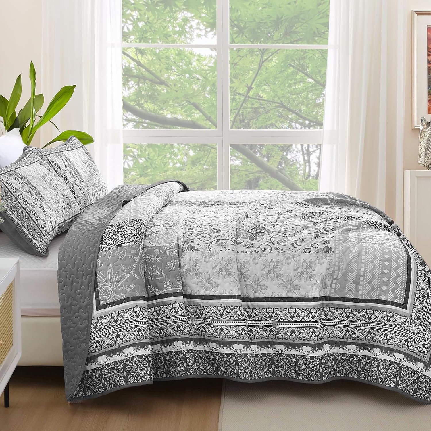 WONGS BEDDING Grey Quilt Set King Size,Bohemian Floral Patchwork Bedspread Coverlet Set, Soft 3 Pieces Boho Bedspreads Bedding Quilt Set for All Seasons (104"x90") - Image 3