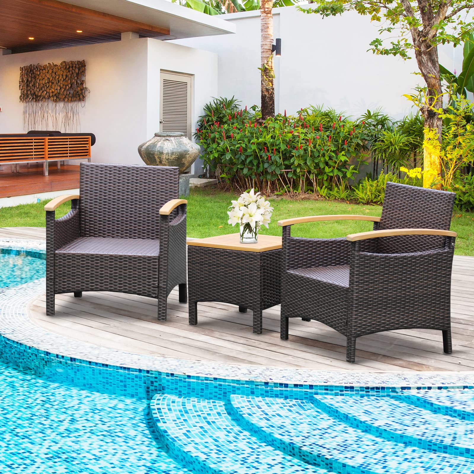 KOMFOTTEU Set di 3 mobili da giardino in rattan e legno di acacacia, mobili da balcone con 2 poltrone e 1 tavolino, per giardino, balcone, marrone e bianco
