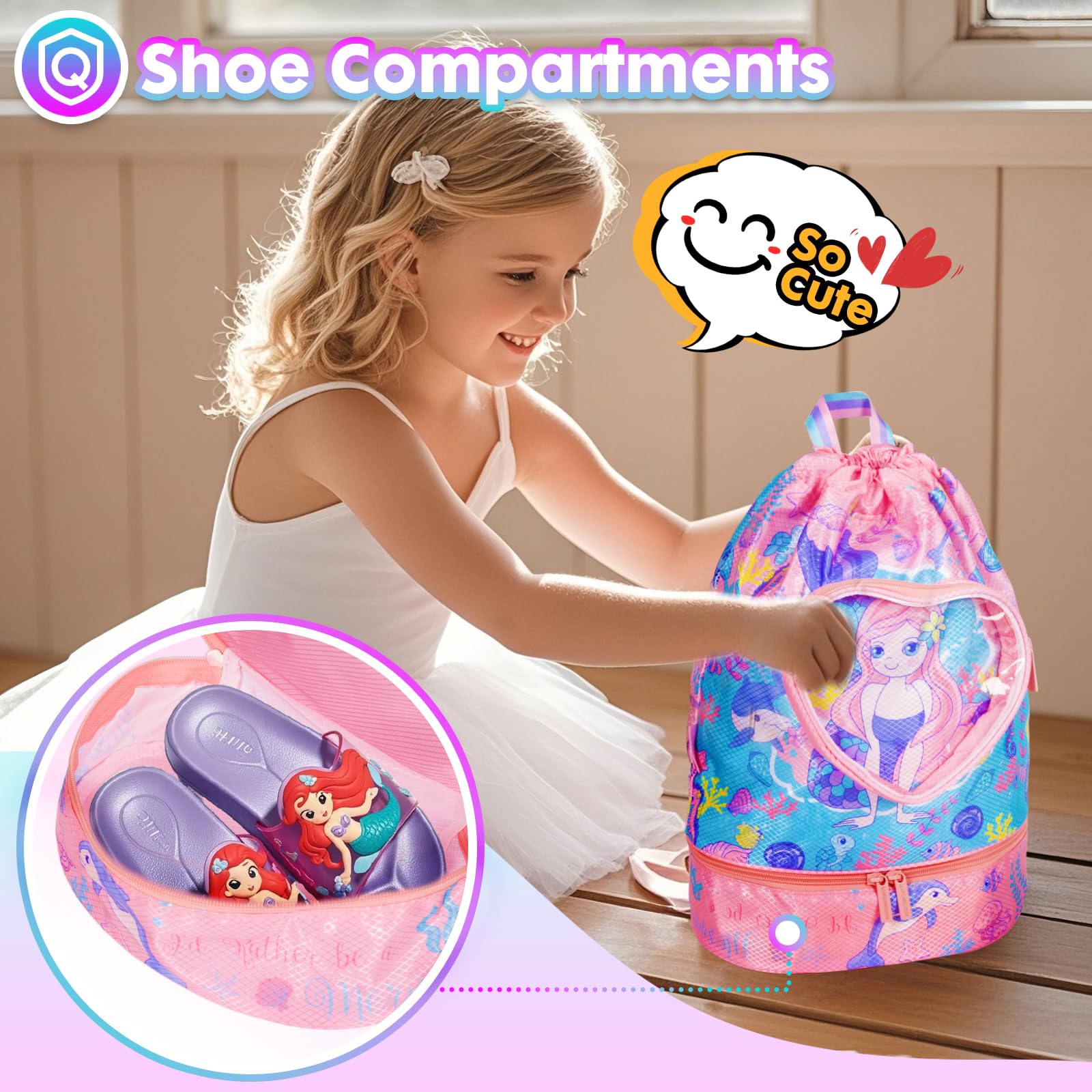 PinkSheep Bolsa de natación para niños, bolsa de deporte con cordones, mochila para niñas y niños, bolsas de playa impermeables con compartimento para zapatos y bolsa a prueba de humedad para piscina