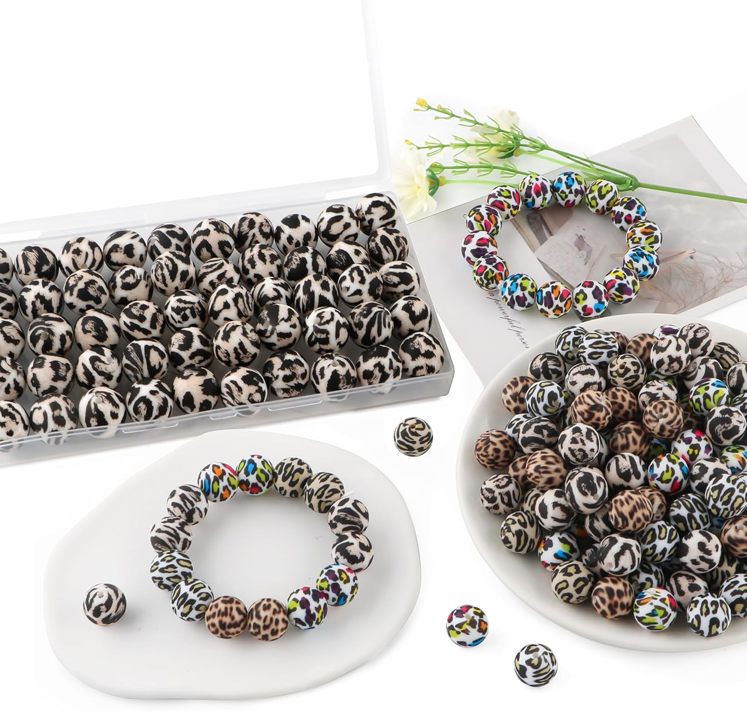 50Pcs Blak White Leopard Silicone Beads for Keychain Making, Pattern Print Silicone Beads for Pens Necklace Bracelets Craft - Image 3