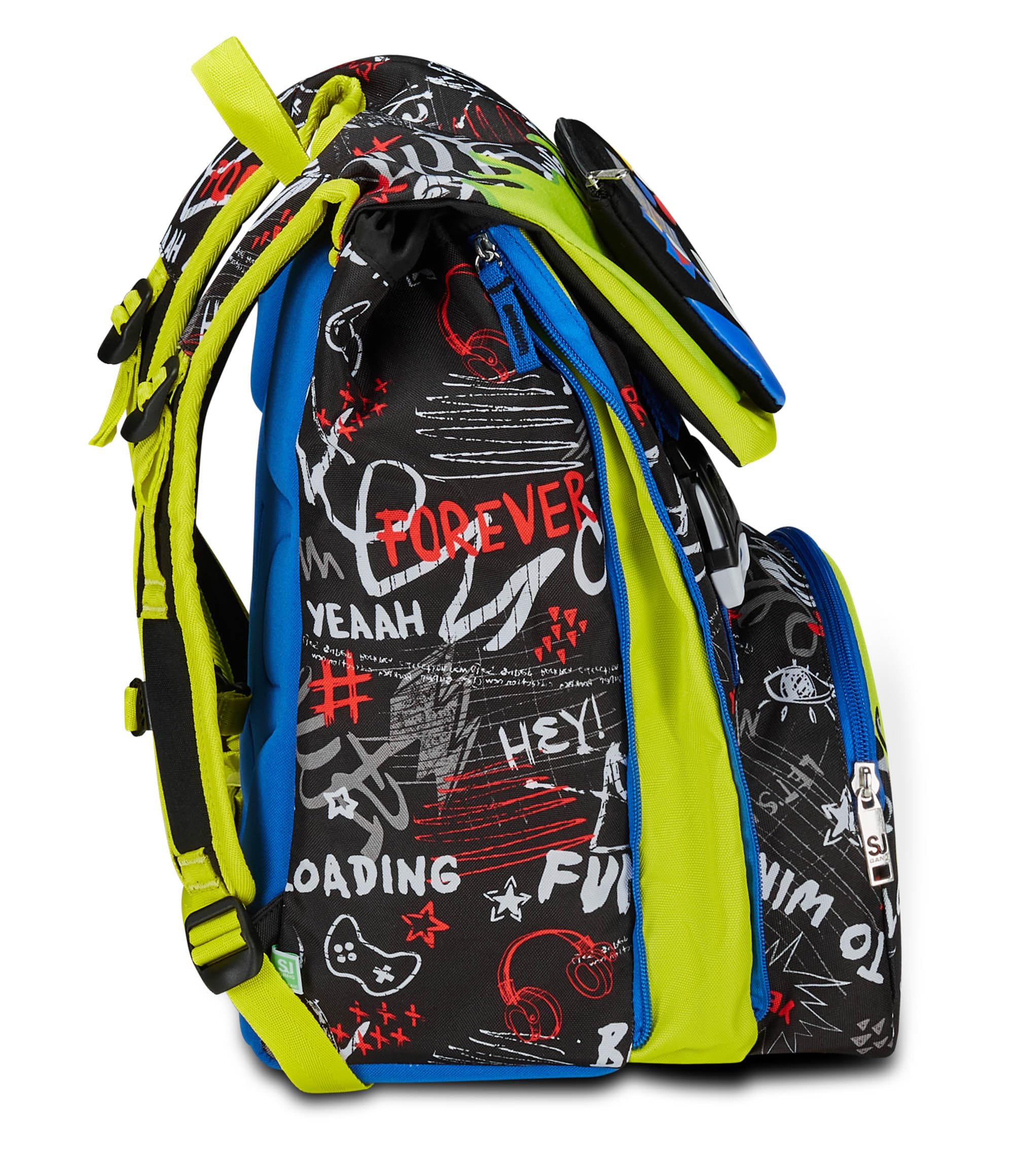 SJ GANG STYLE JAM GANG Zaino Scuola Estensibile, Nero e Verde, Born To Fun, Zaino Doppio Scomparto Estensibile Tramite Zip Laterali, Tasca Porta Borraccia, Zaino Scuola Elementare, Zaino Bambino