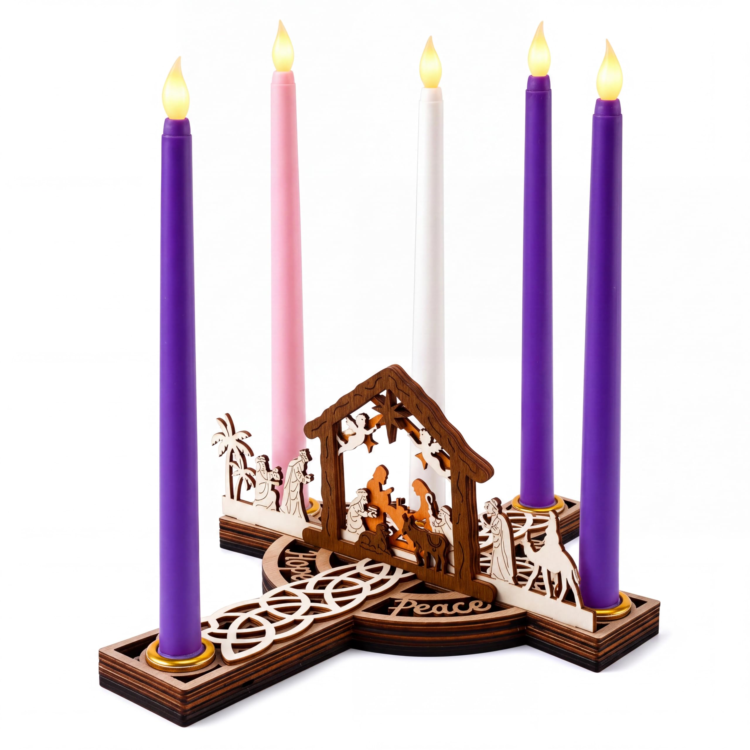 Set di portacandele per l'avvento natalizio, centrotavola in legno con 5 candele LED senza fiamma, decorazione da tavolo con nodo celtico per casa, chiesa e festività (a strati)