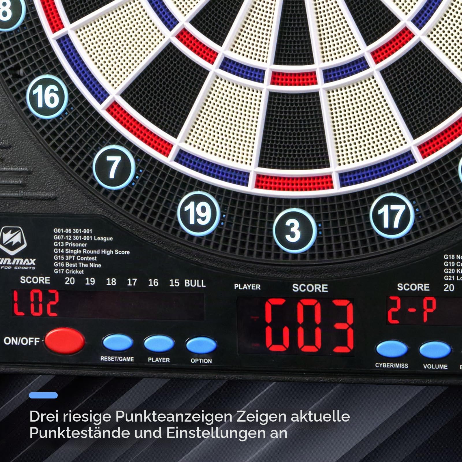 WIN.MAX Profi Elektronische Dartscheibe Set | Dartschrank mit LED-Anzeige & 211 Spielvarianten | Komplettset für Zuhause