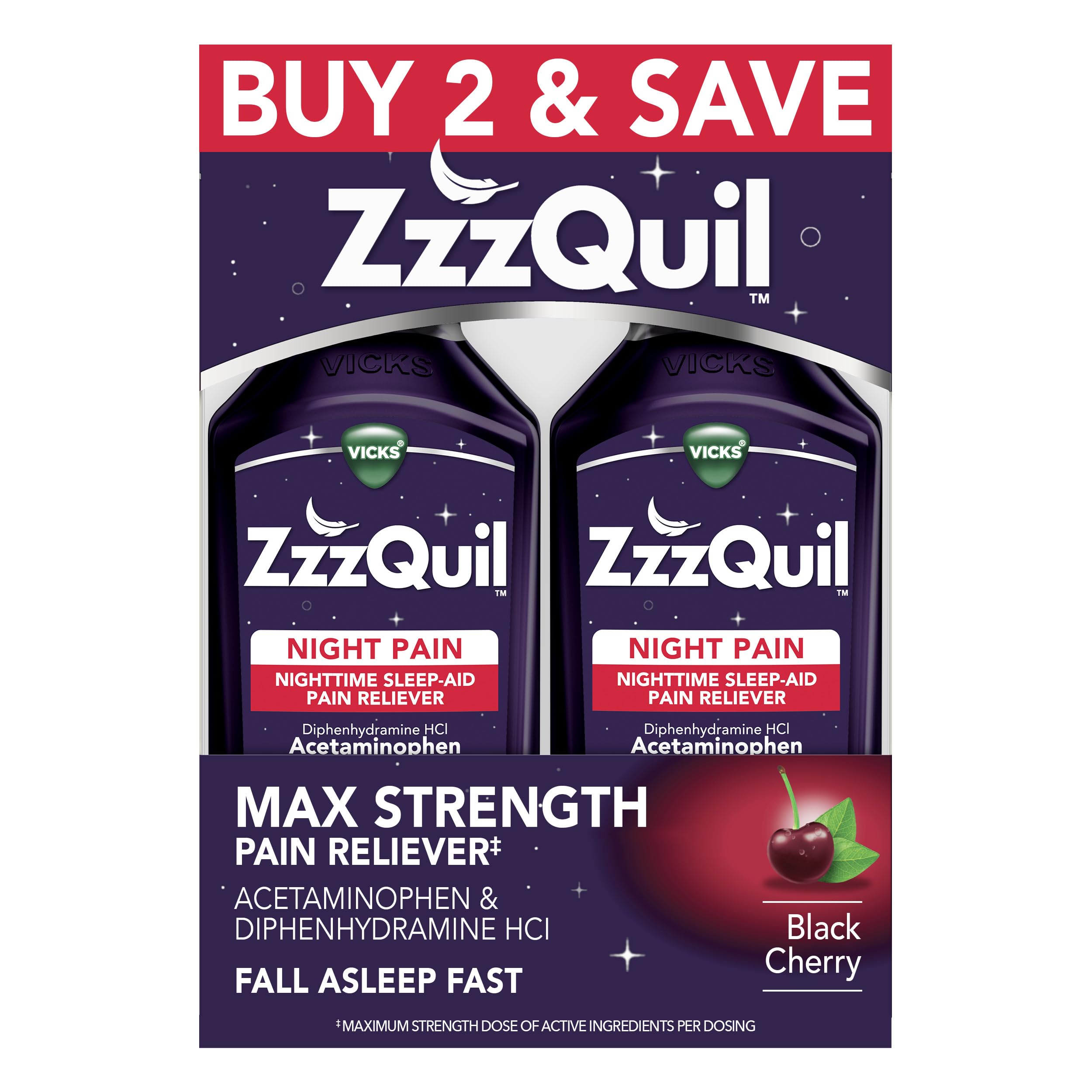 ZzzQuil Liquid Max Strength Pain Reliever, Nighttime Sleep Aid Liquid, Acetaminophen 1000mg, Diphenhydramine 50mg HCI, Non-Habit Forming, Black Cherry Flavored, 2 Pack, 24 FL OZ
